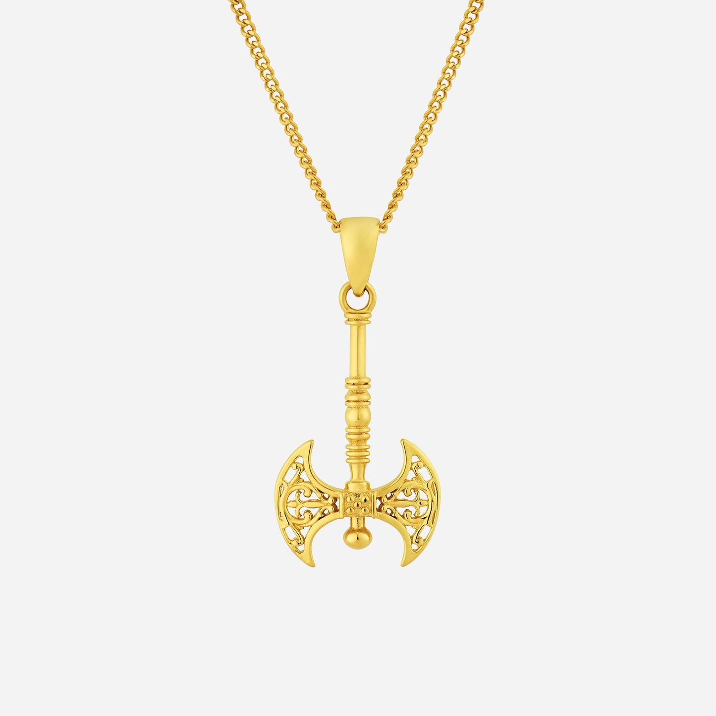 labrys pendant in 22k yellow gold with intricate detailing, featuring a warrior axe design. chain not included.