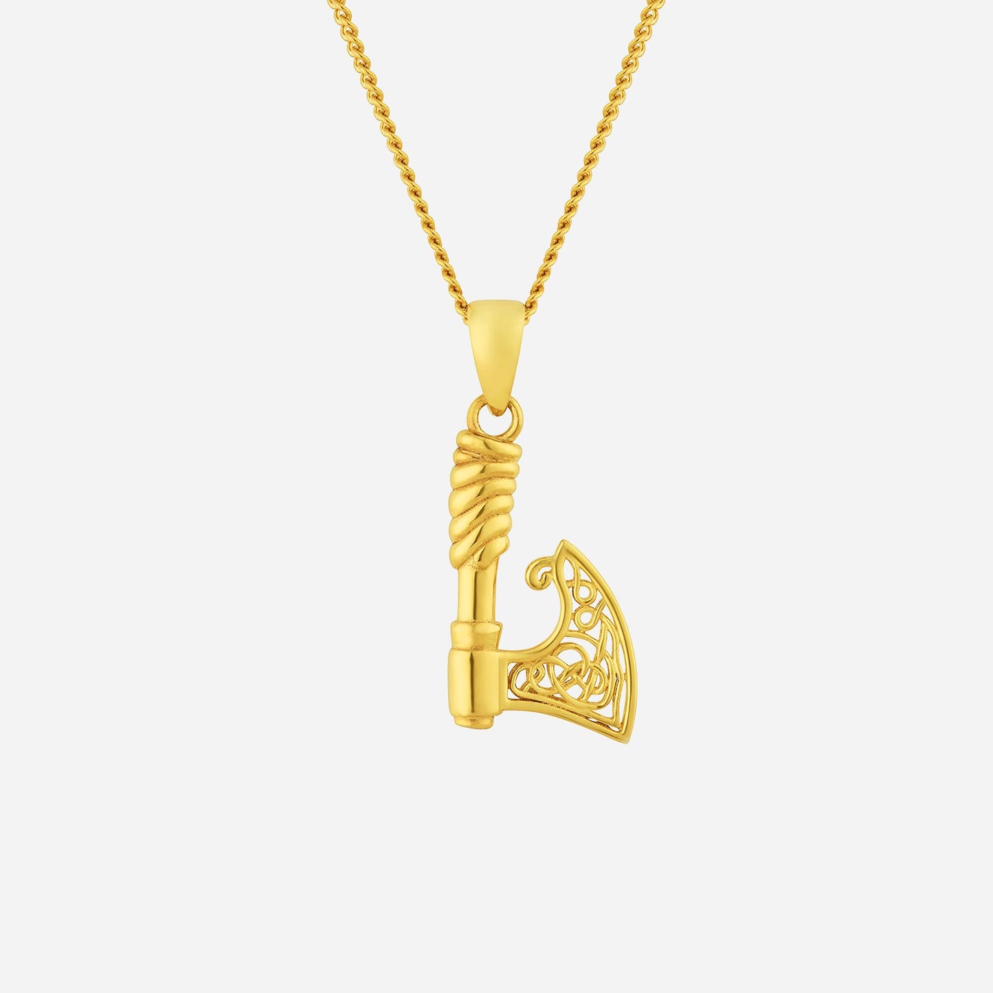 tomahawk pendant in 22k yellow gold with intricate detailing, featuring a twisted handle and filigree axe head.