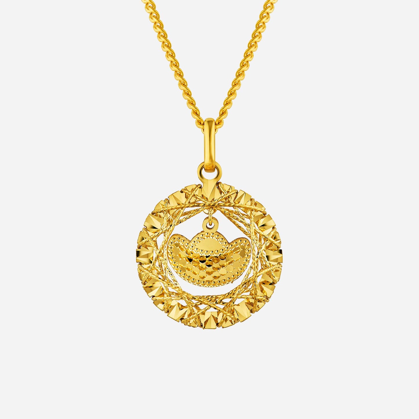 tweed cut ingot pendant in 22k yellow gold with circular nest design and textured ingot centerpiece.