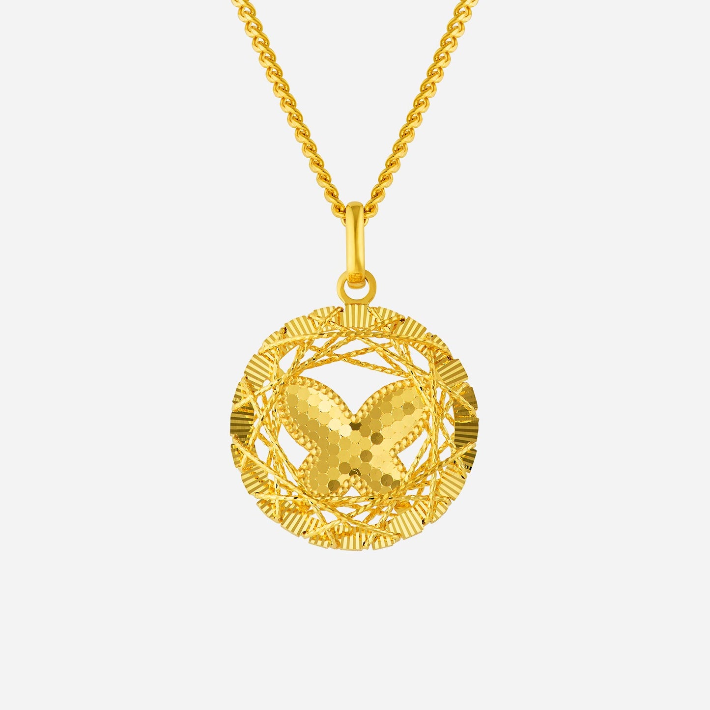 tweed cut butterfly pendant in 22k yellow gold, featuring a whimsical design and delicate butterfly detail.
