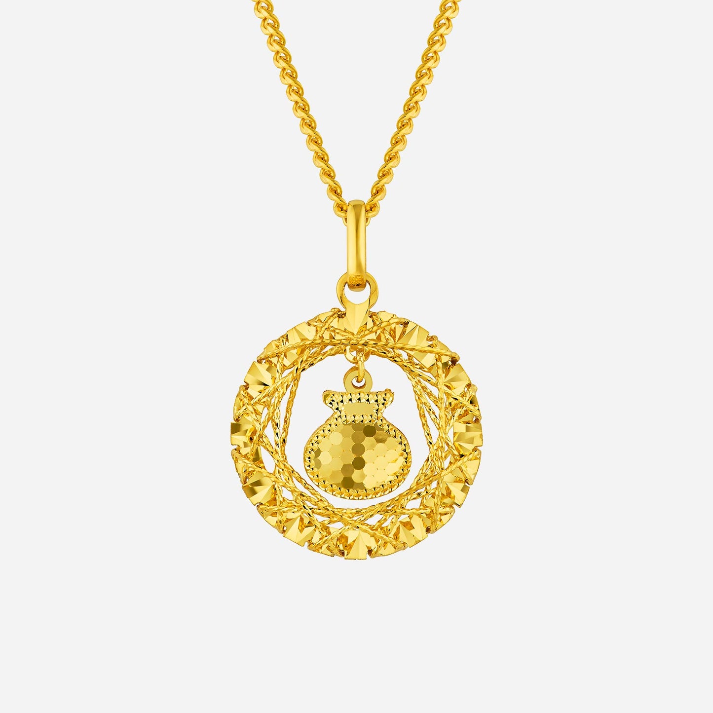 tweed cut fortune bag pendant in 22k yellow gold with a textured bag design in a circular, nest-like frame.