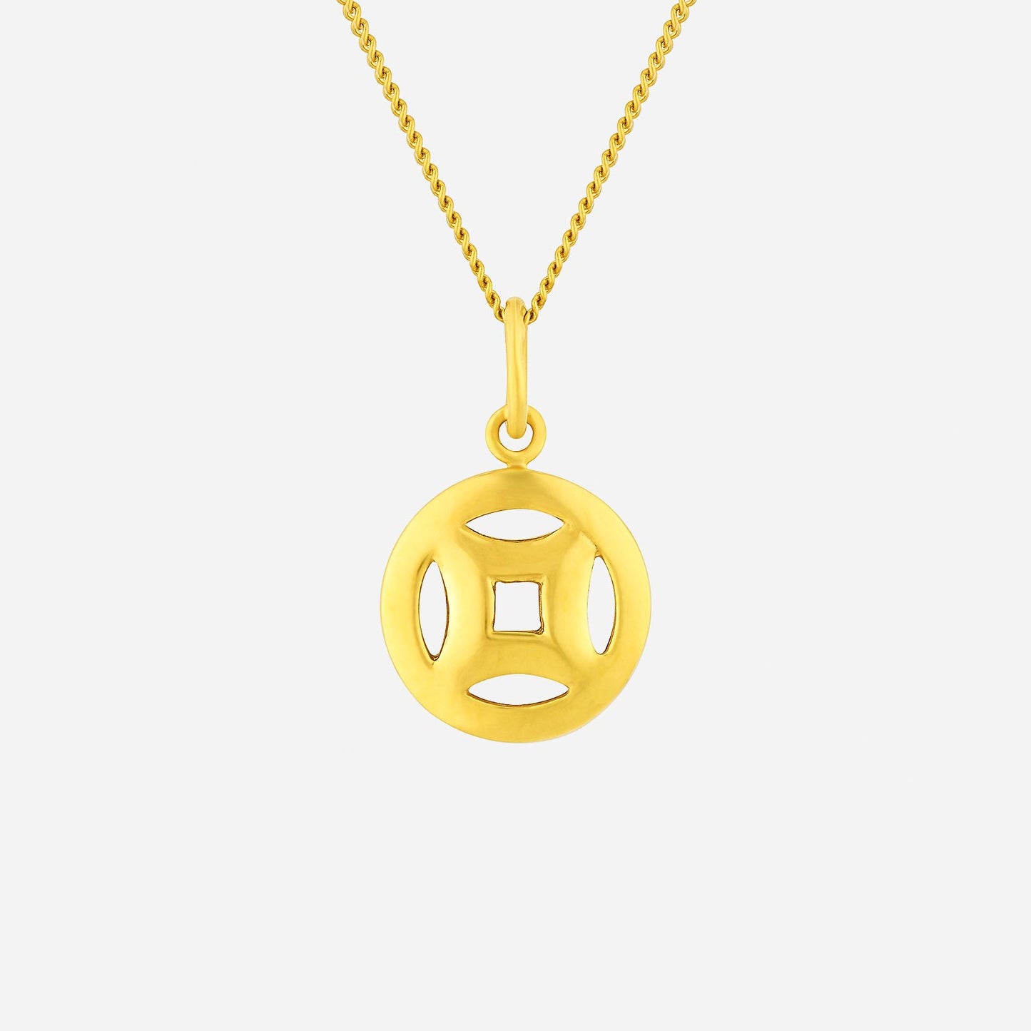 sleek 22k yellow gold coin pendant with openwork design, featuring a modern charm and ancient coin inspiration.