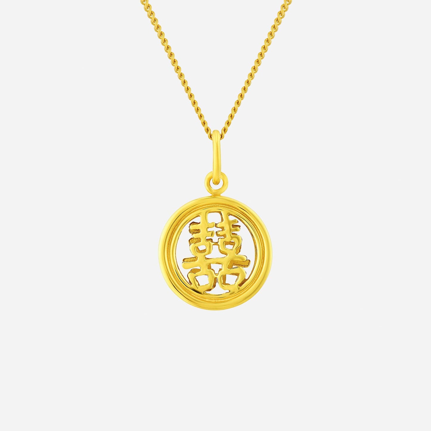 double happiness pendant in 22k yellow gold featuring an iconic chinese character design symbolizing joy and togetherness.