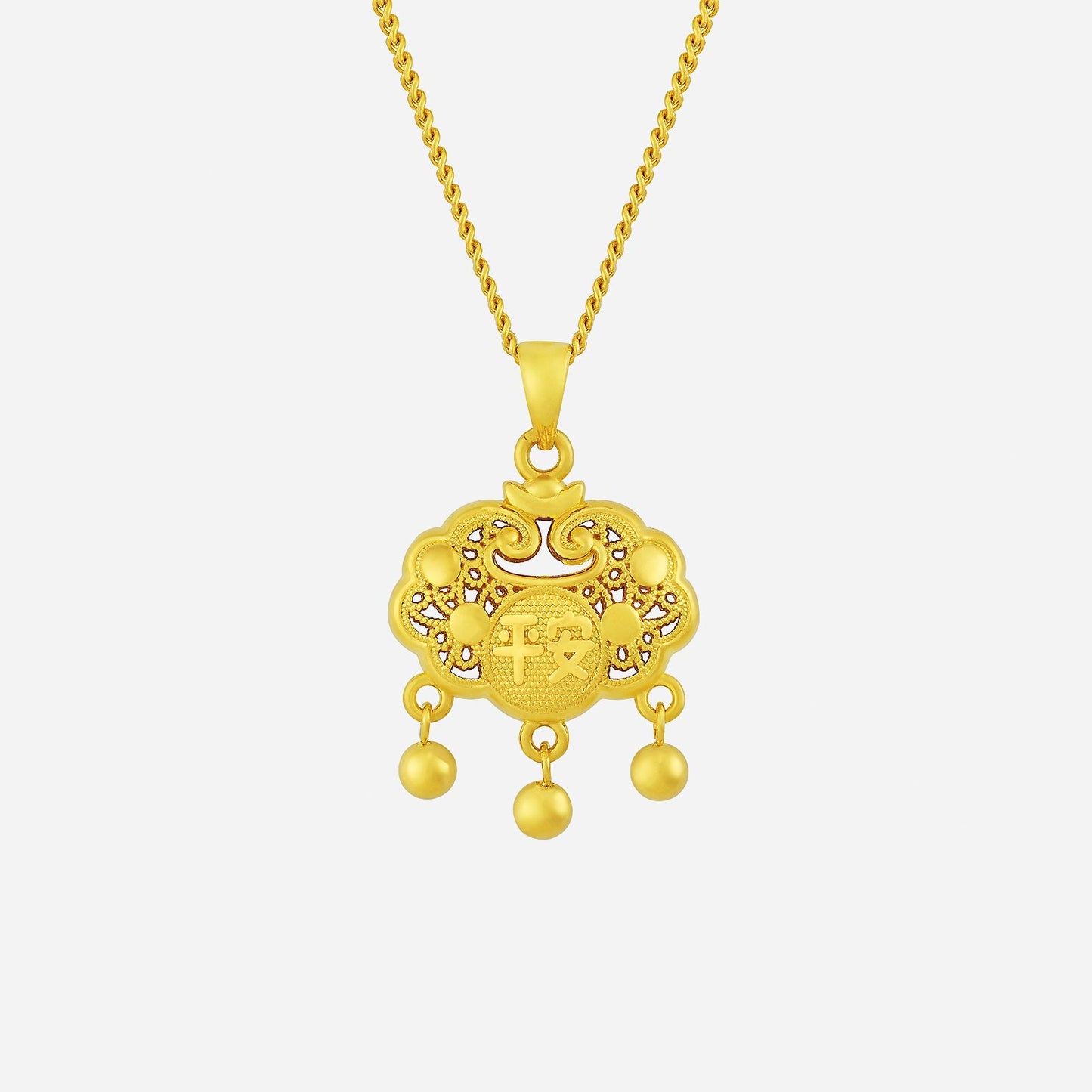 22k yellow gold prosperity lock pendant with intricate design and dangling spheres, symbolizing blessings and elegance.