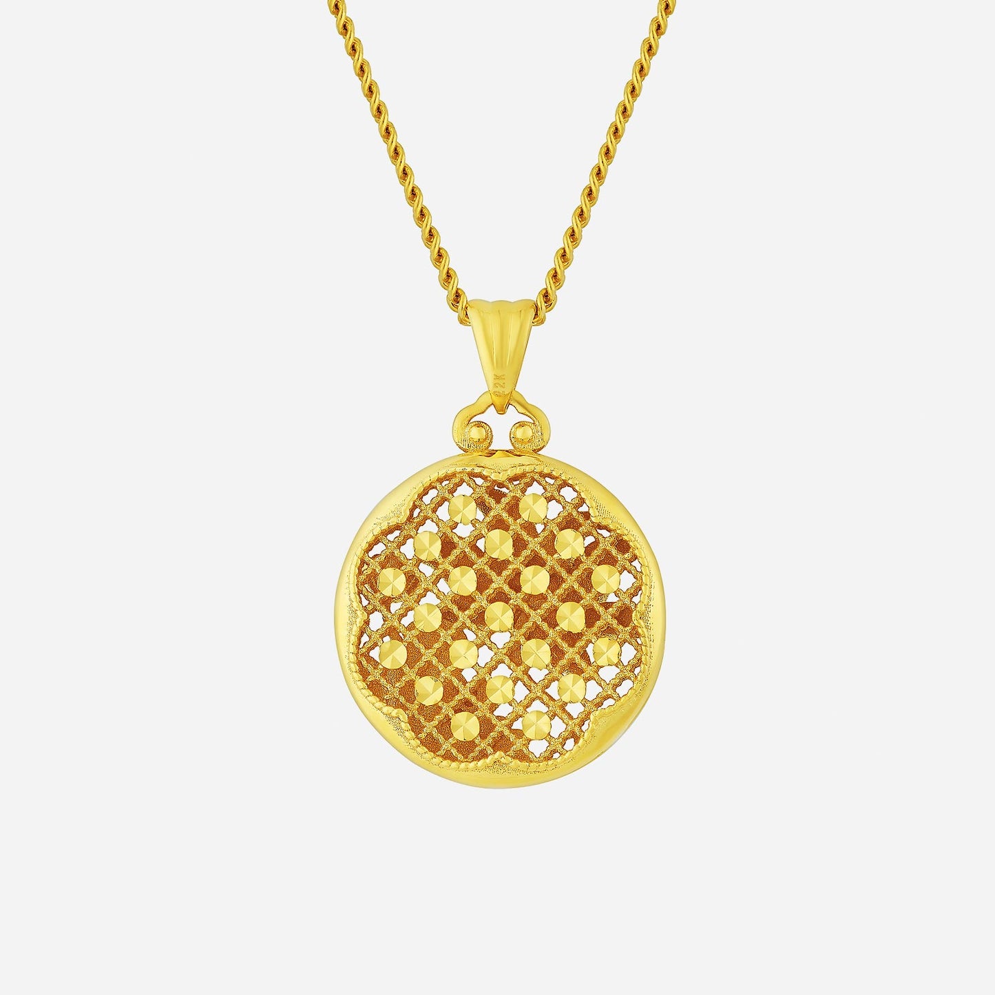 22k yellow gold lotus pendant with intricate detailing, featuring a delicate floral design and circular shape.