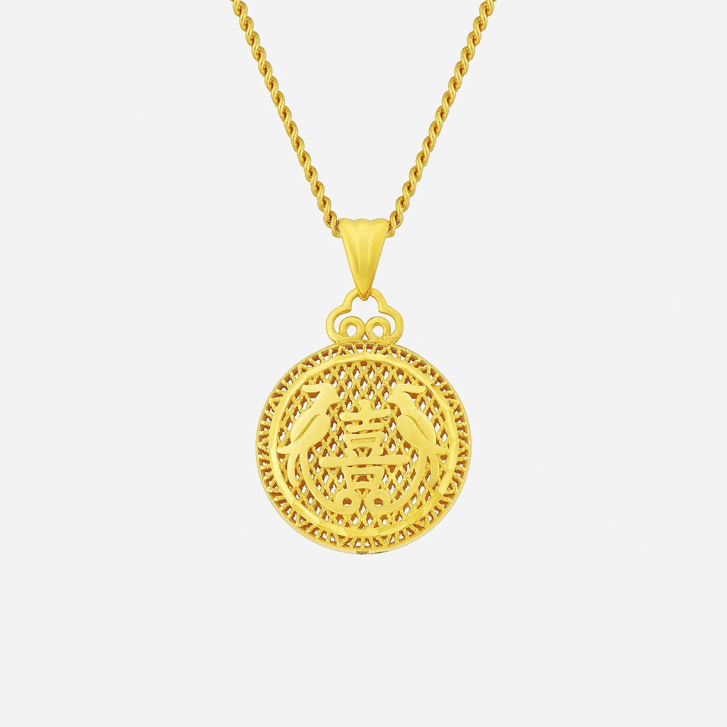 22k yellow gold double phoenix pendant featuring intricate phoenix motifs and a round lace design.