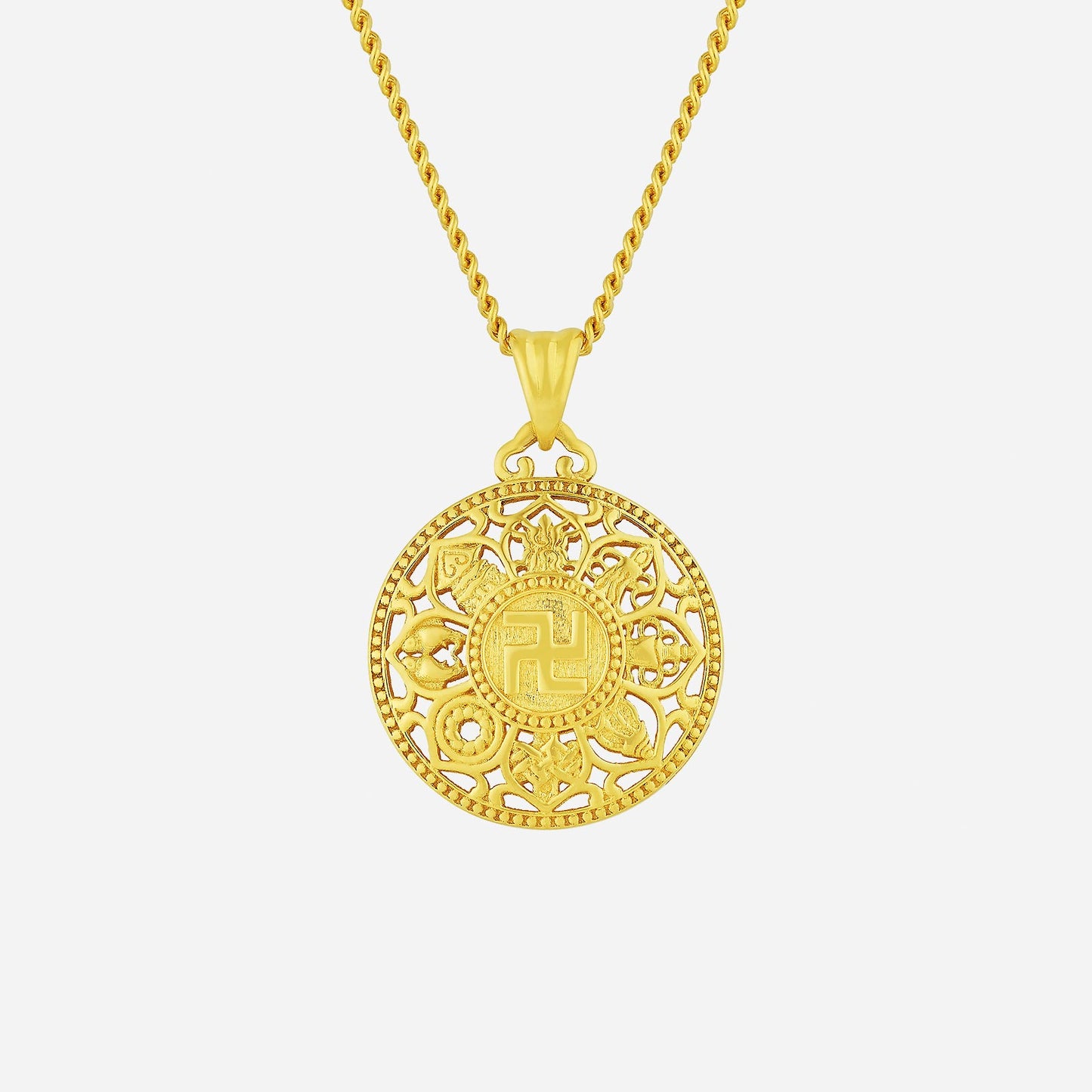 22k yellow gold eight auspicious pendant with intricate cut-out design and symbols of prosperity and harmony.