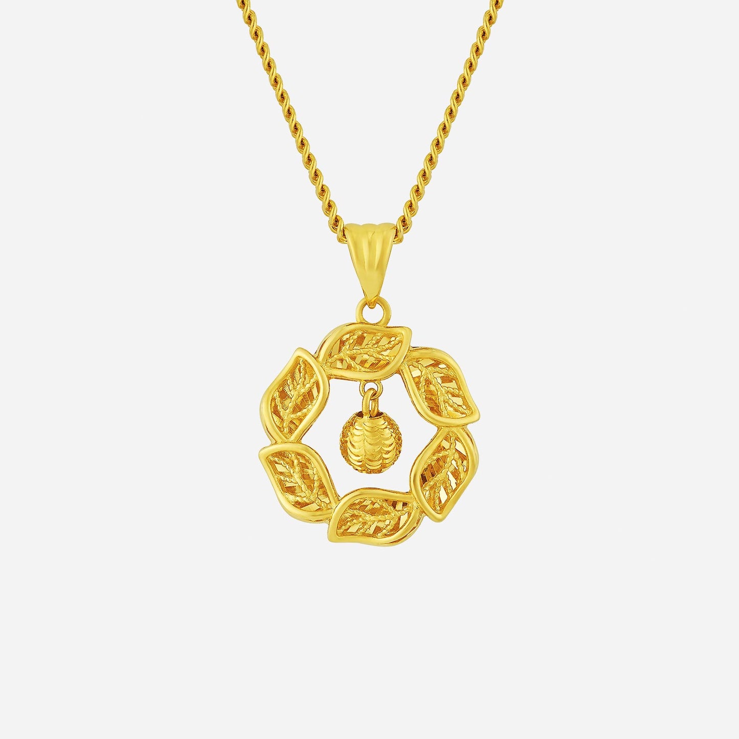 22k yellow gold serenity leaf pendant featuring intricate leaf motifs in a round design with a central orb.