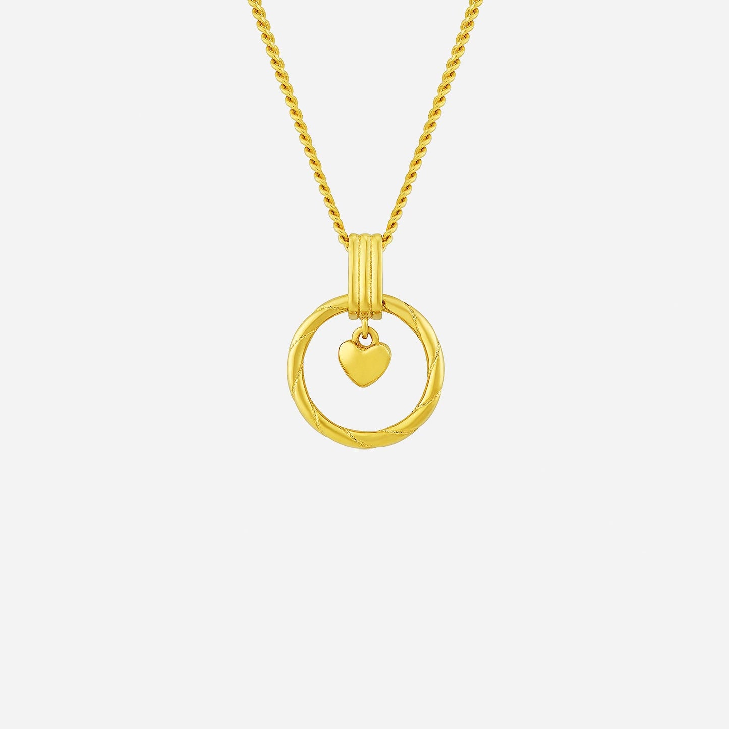 circle of love pendant in 22k yellow gold, featuring a heart charm suspended in a twisted circular frame.