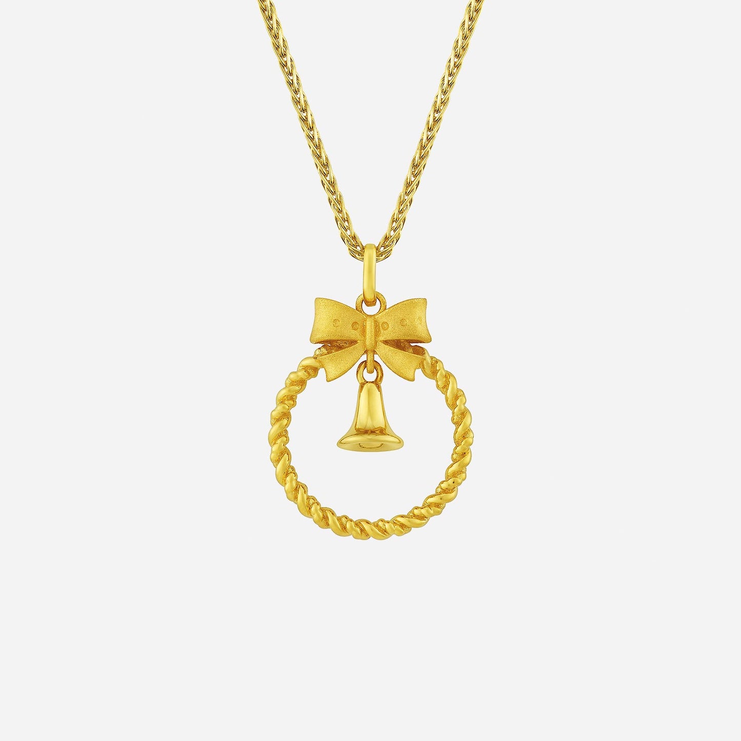 22k yellow gold chimes garland pendant with bow and dangling chime, featuring a twisted circular design.