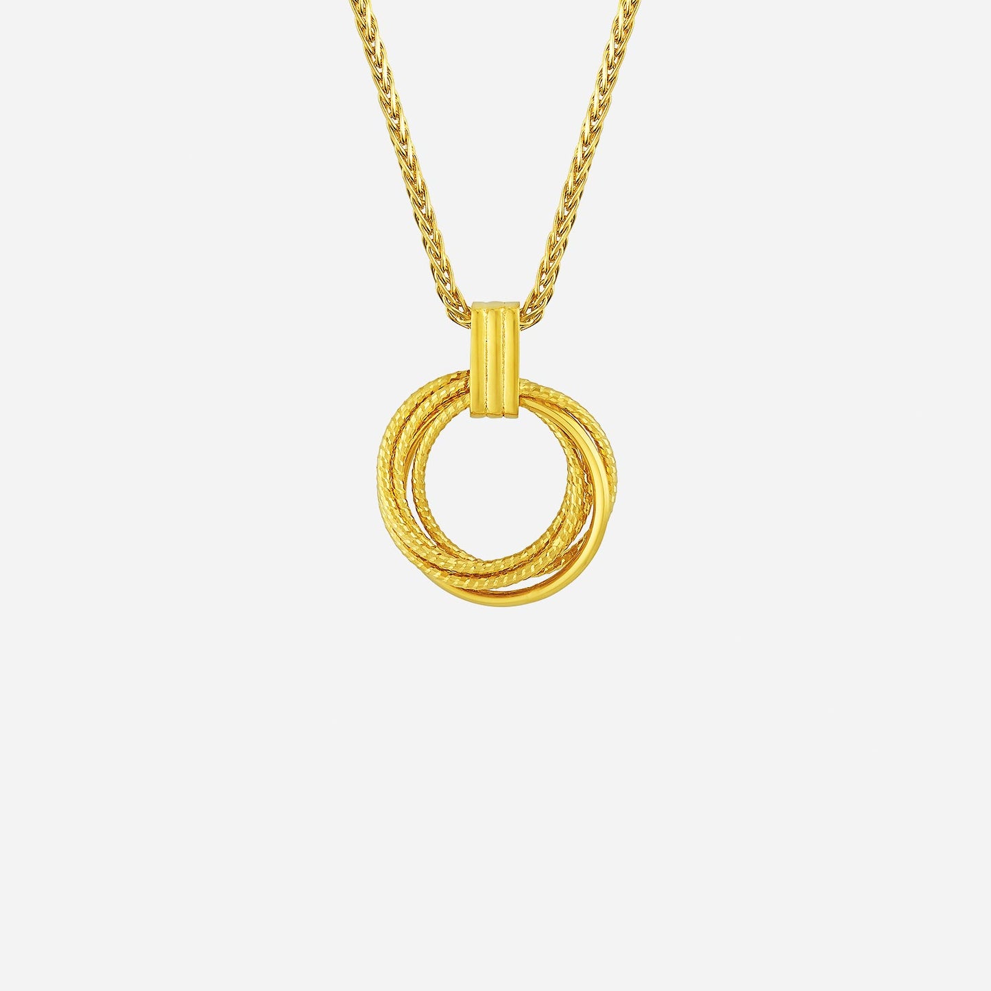 textured radiance pendant in 22k yellow gold featuring intertwined rings and intricate textures. elegant and sophisticated design.