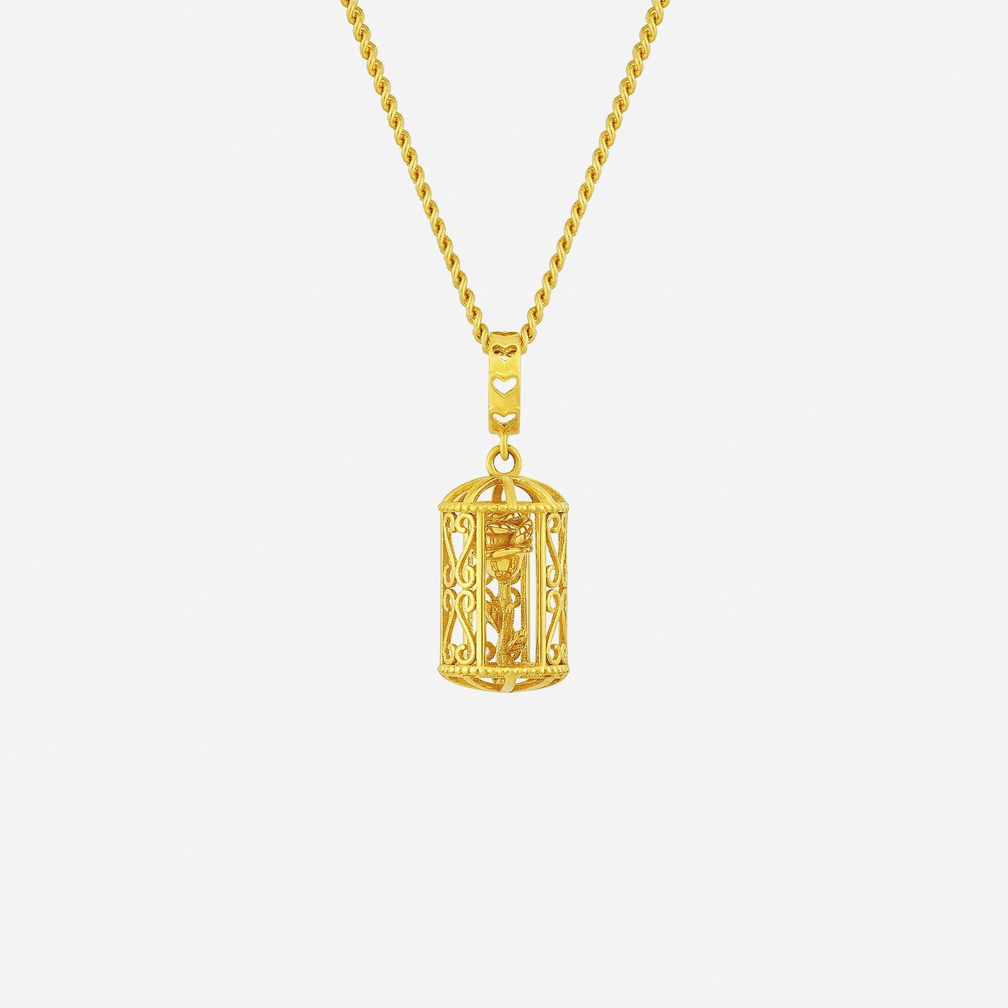 dazzled rose charm in 22k yellow gold, featuring intricate cage design with floral details on a gold chain.
