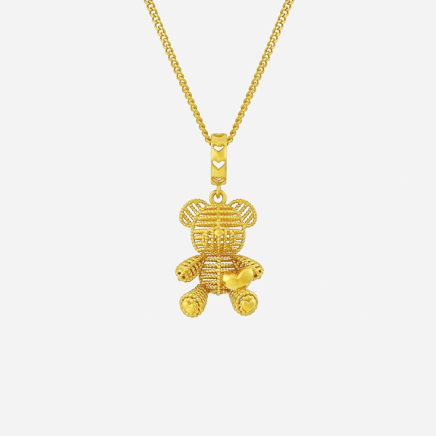 fluffy teddy bear charm in 22k yellow gold with heart detail and textured design, perfect for necklaces or bangles.