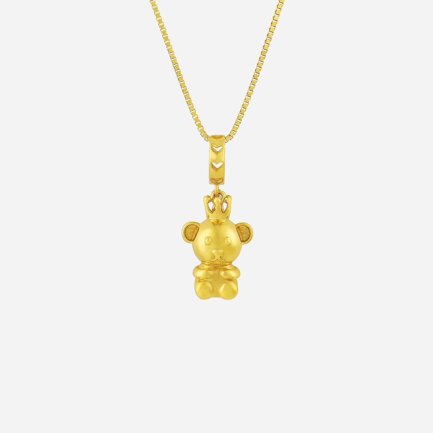 22k yellow gold teddy bear charm with playful design and crown, perfect for necklaces or bangles.