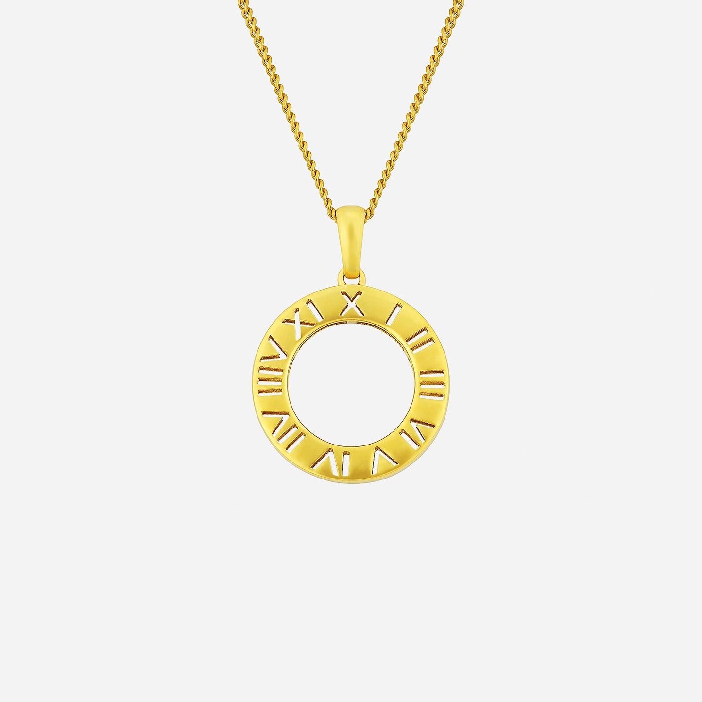 22k yellow gold roman numeral pendant with intricate design and empty center; elegant statement piece for any collection.