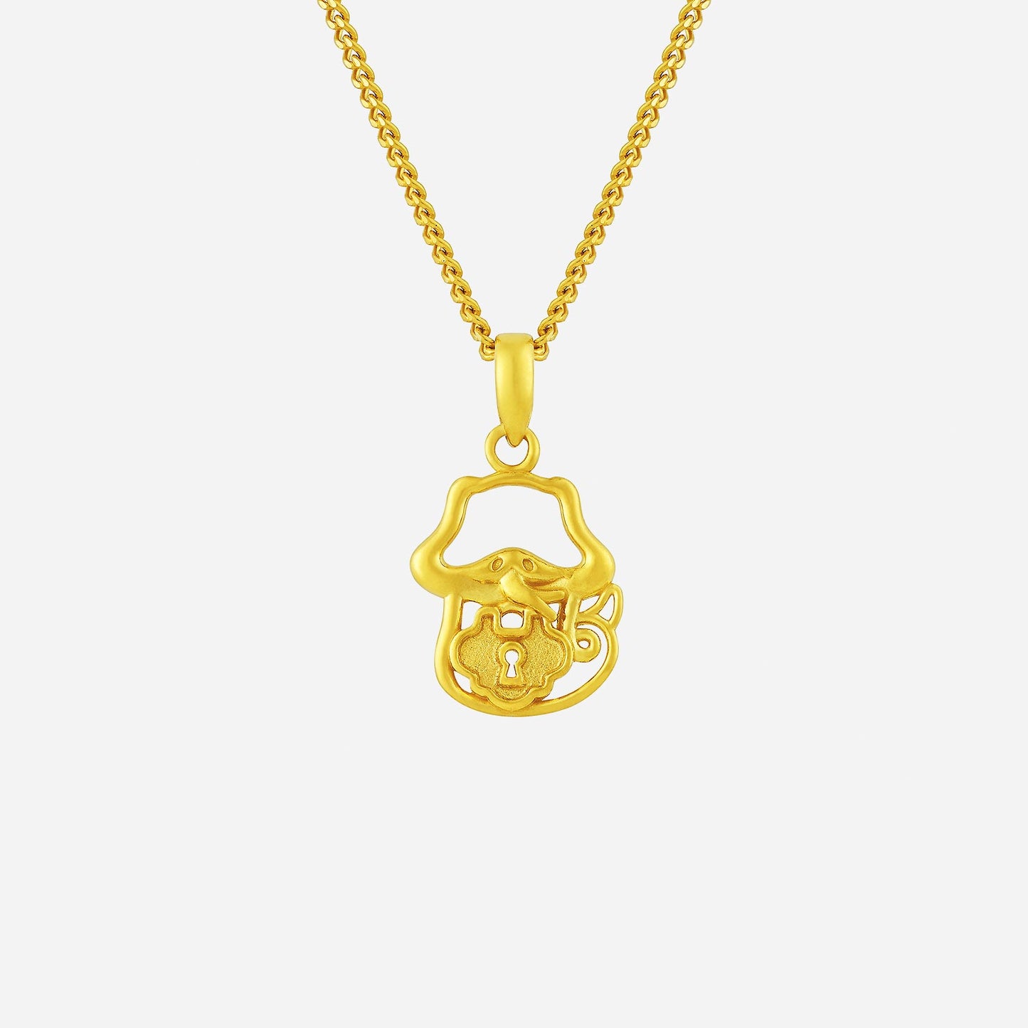 22k yellow gold snake with prosperity lock pendant, symbolizing wealth and protection, intricate design with chain.