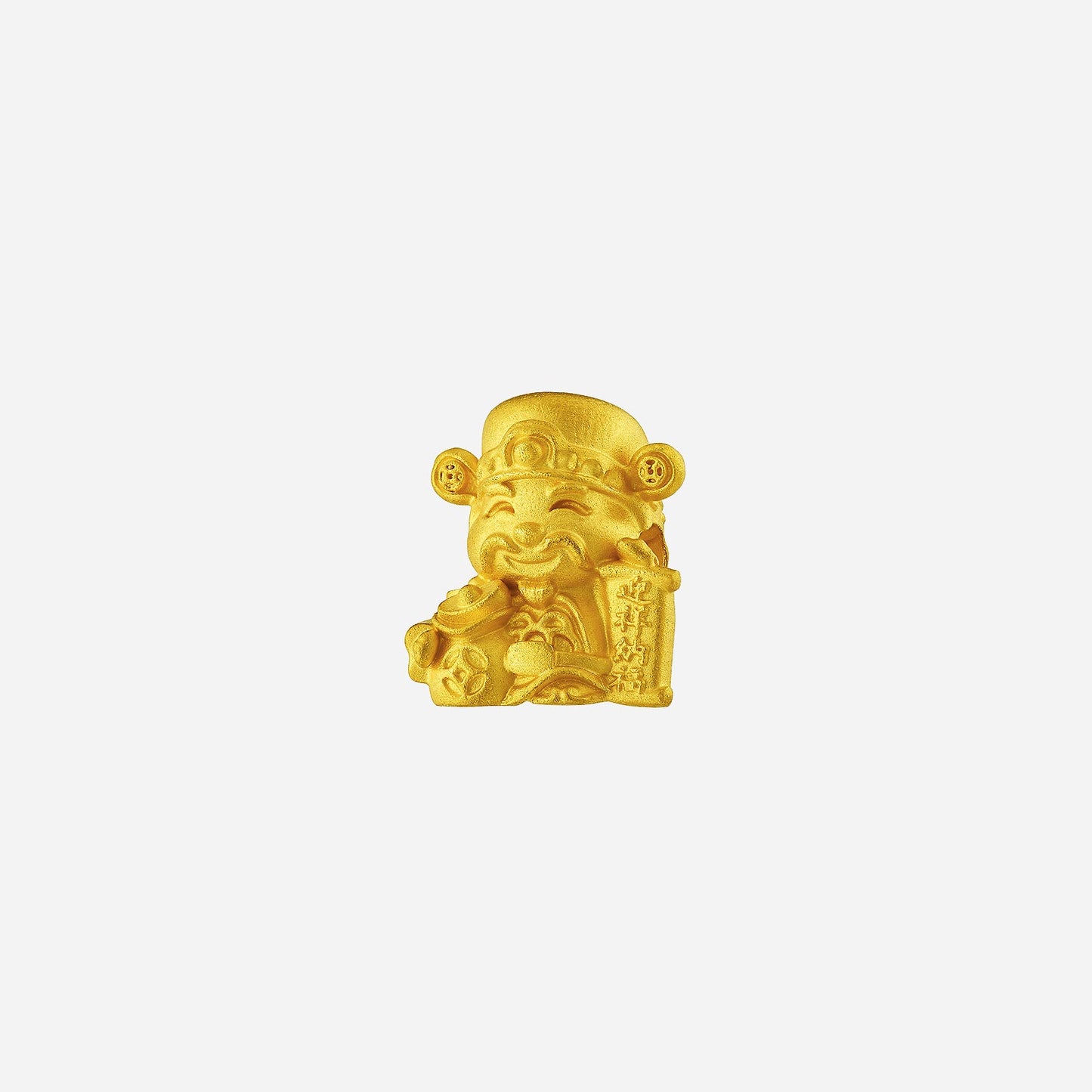 22k yellow gold god of wealth charm depicting a smiling figure holding a treasure and a scroll, symbolizing prosperity.