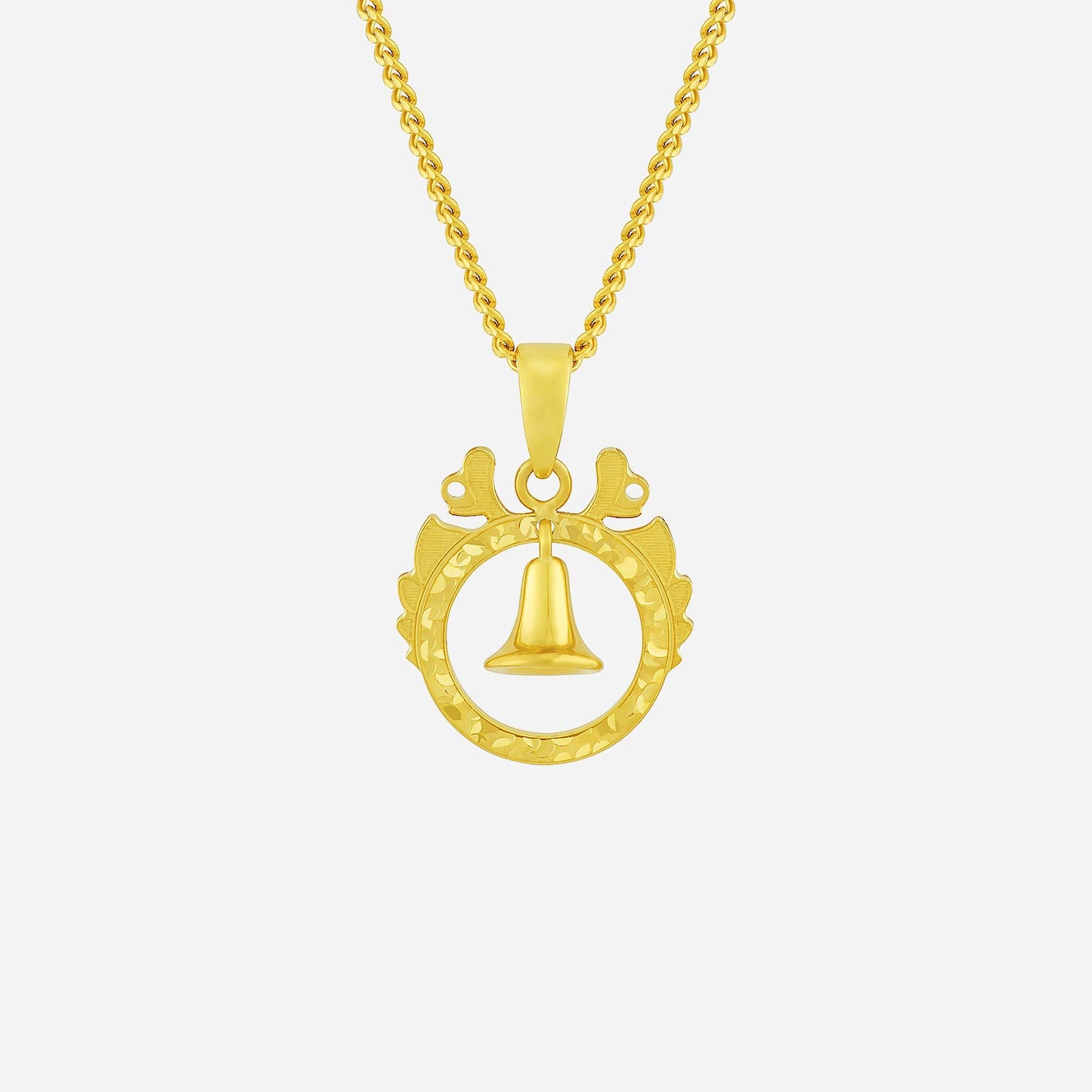 22k yellow gold chime pendant with hanging bell and intricate detailing, perfect for elegant style or gifting.