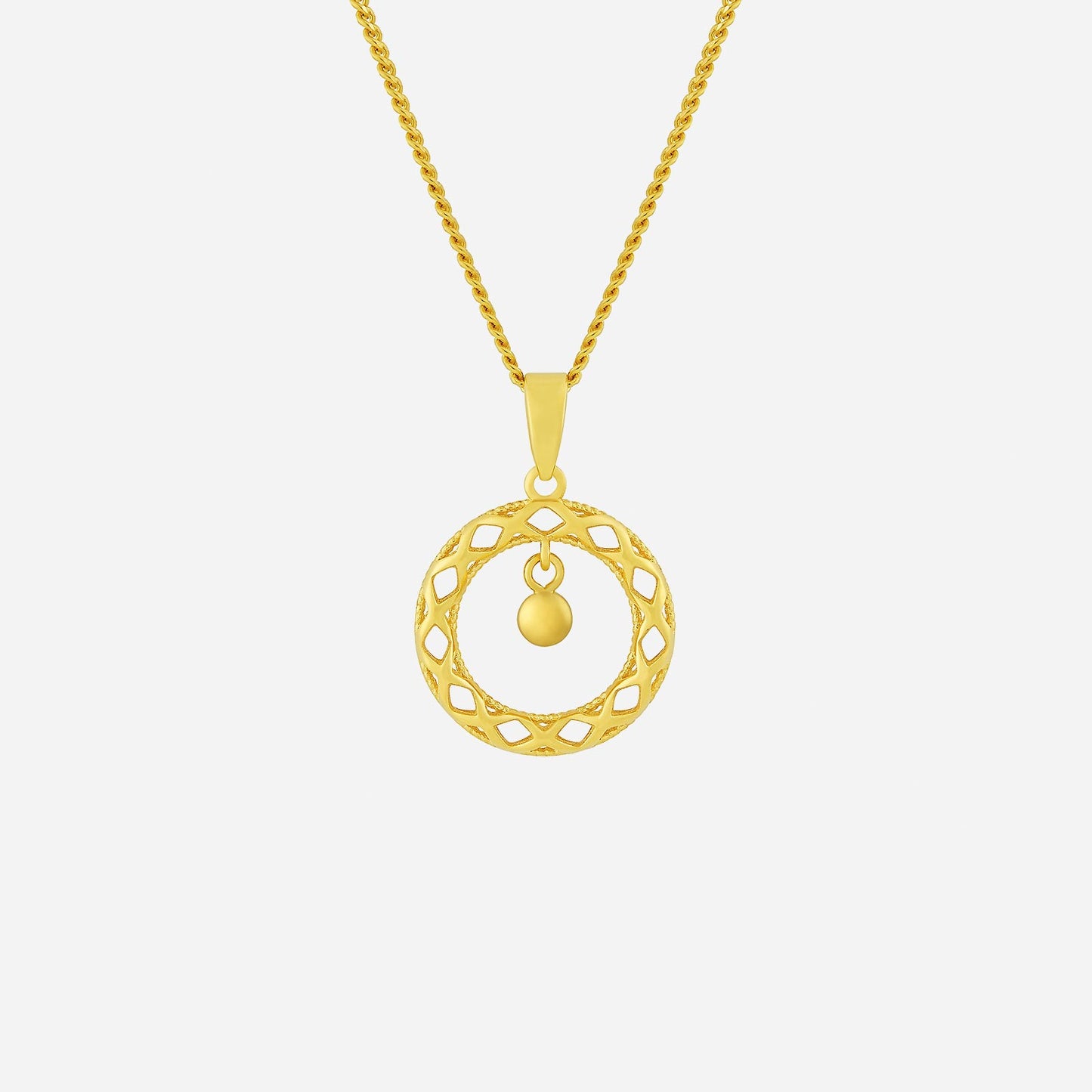 circle of chime pendant in 22k yellow gold with intricate openwork design and a suspended sphere charm.