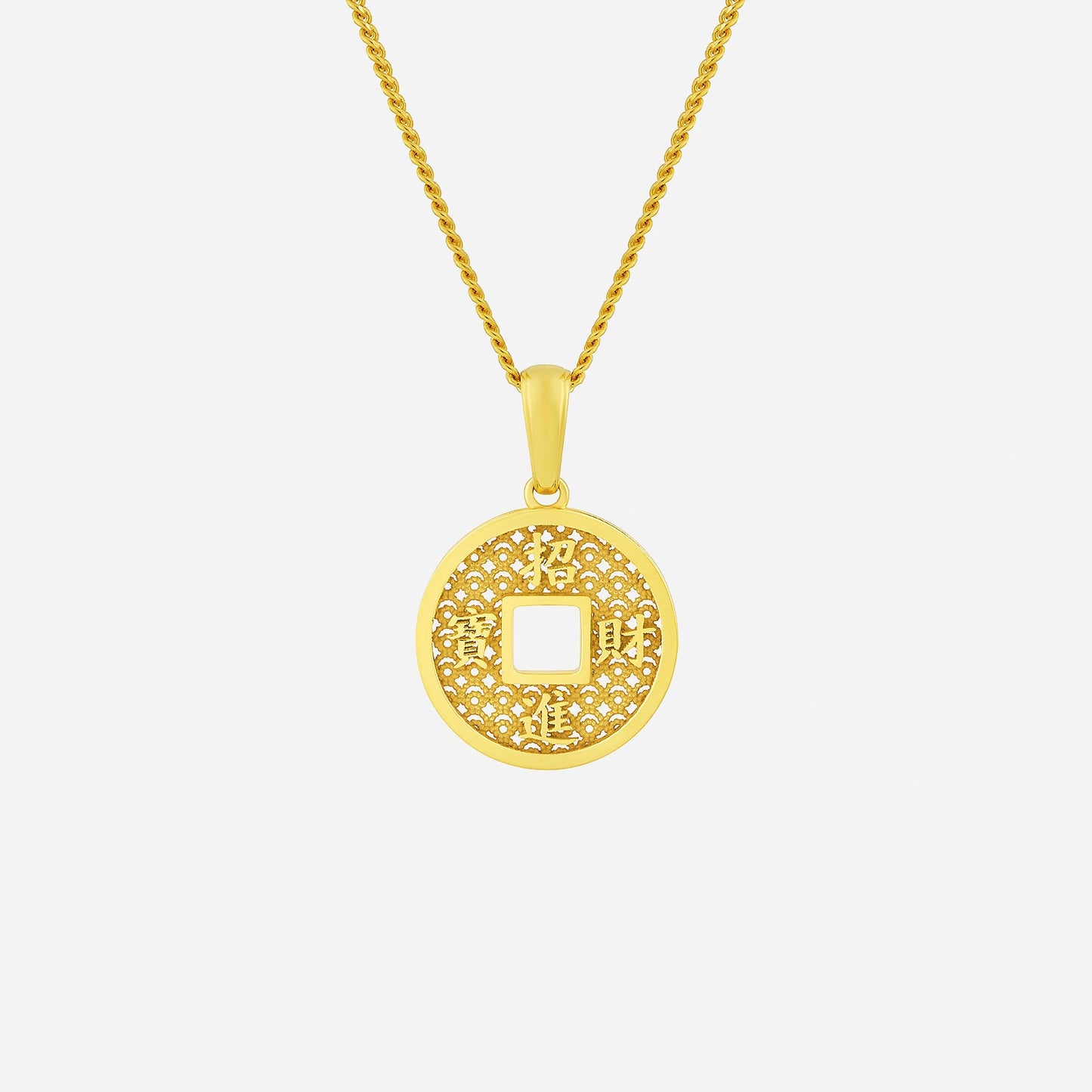 wealthy pendant in 22k yellow gold with intricate cutout design and a central square detail. chain not included.