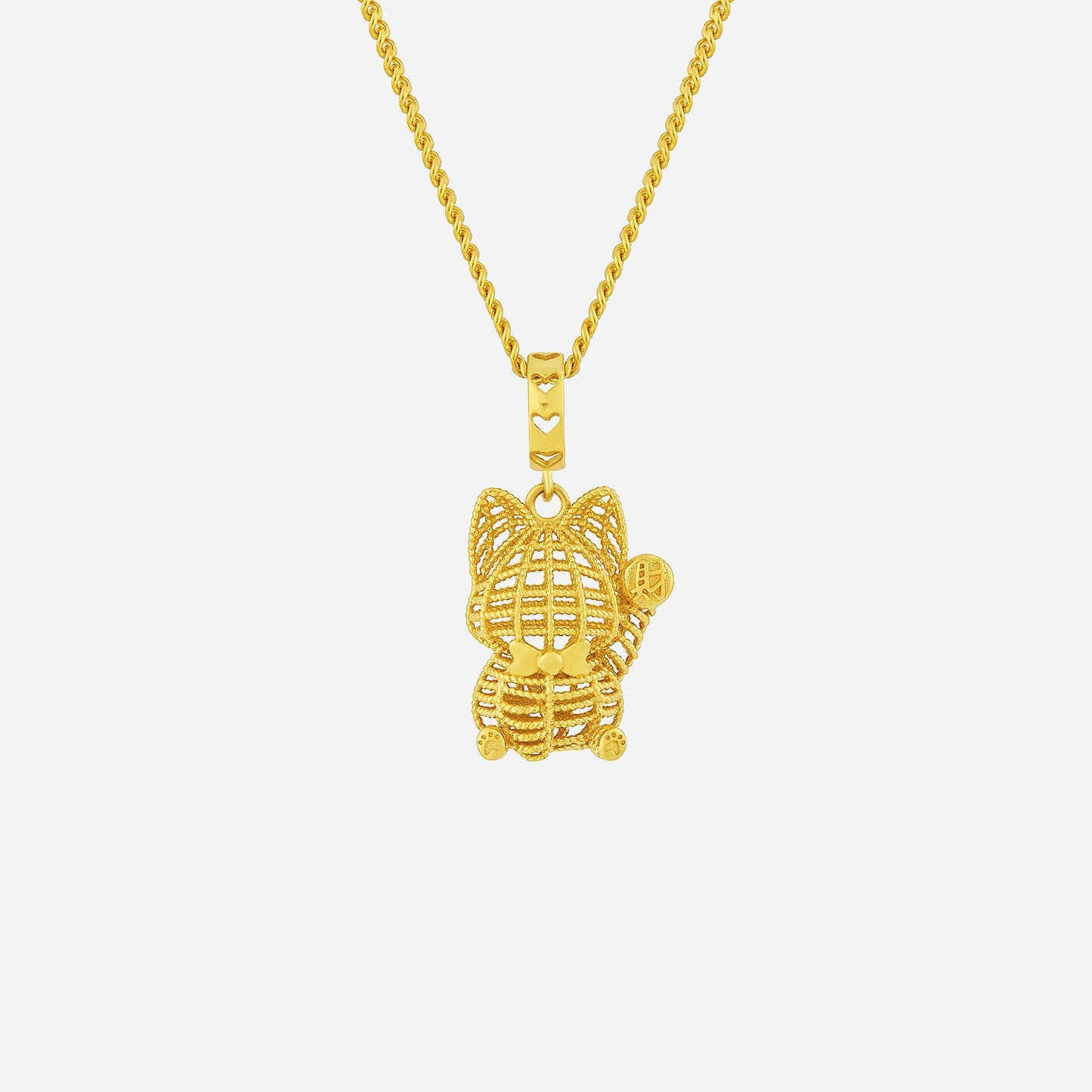 fortune cat pendant in 22k yellow gold, featuring intricate woven design and a waving paw for good luck.