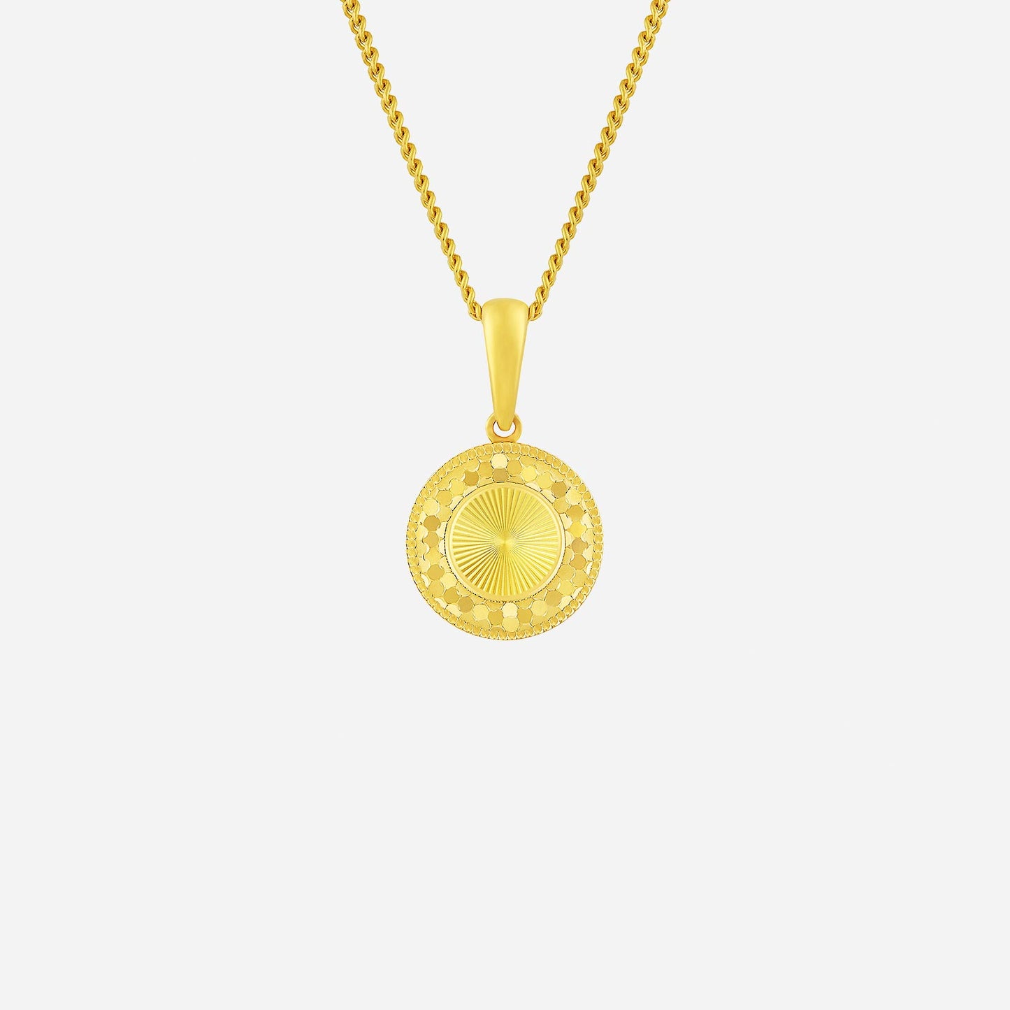 glittering round pendant in 22k yellow gold with detailed texture and design, perfect for everyday elegance.