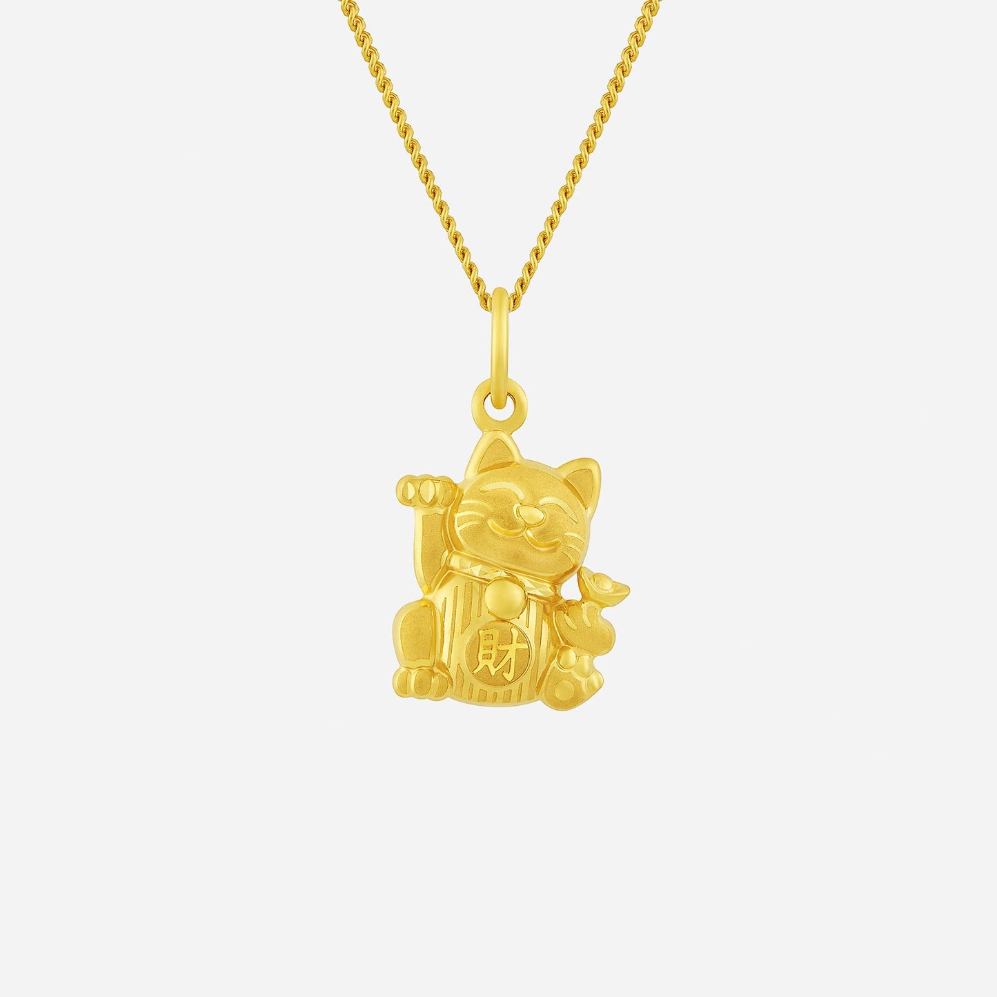 fortune cat pendant in radiant yellow gold featuring a cheerful cat design with a waving paw and charm.