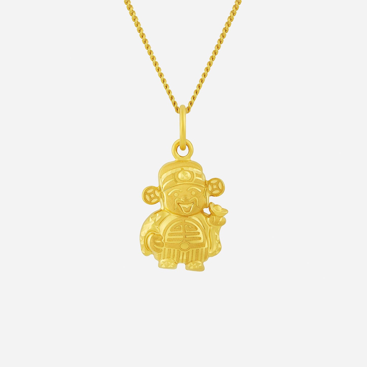 god of fortune pendant in 22k yellow gold featuring a playful design with details of a smiling character.