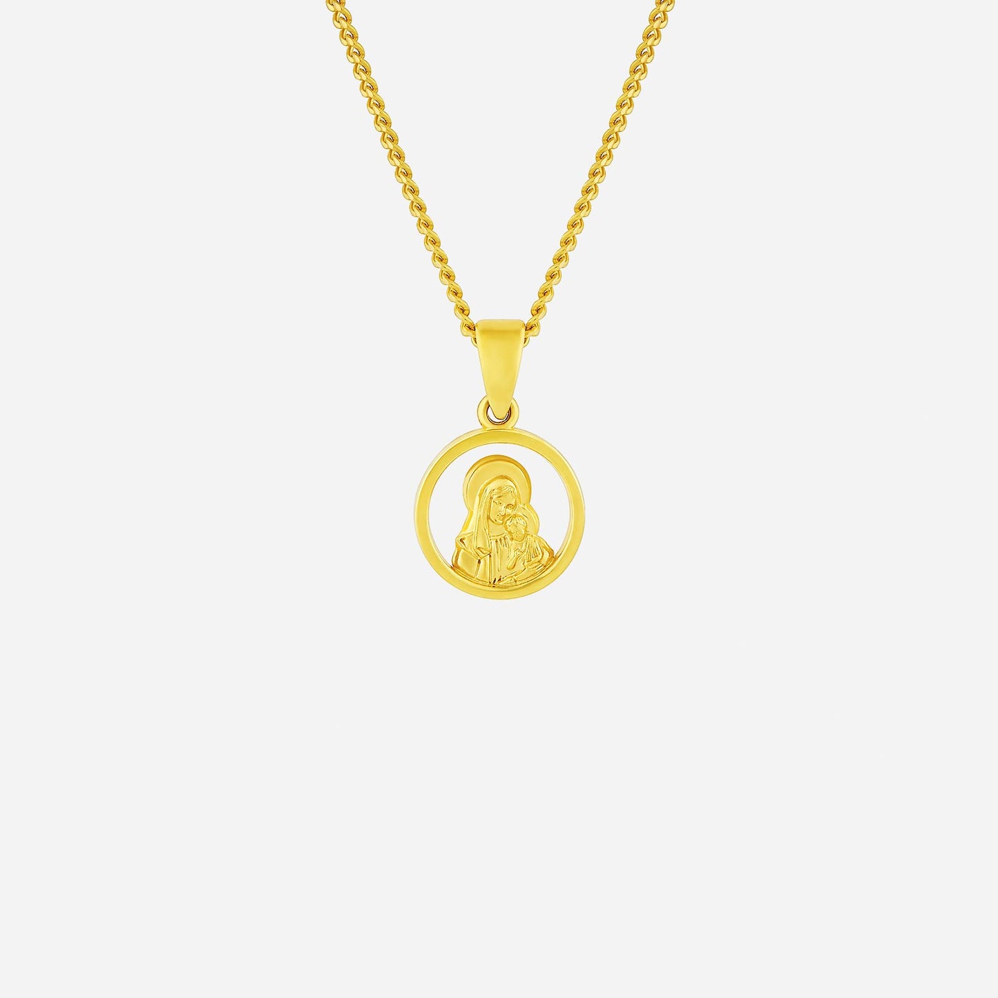 mother mary pendant in 22k yellow gold featuring intricate design of mary cradling child jesus within a circular frame.