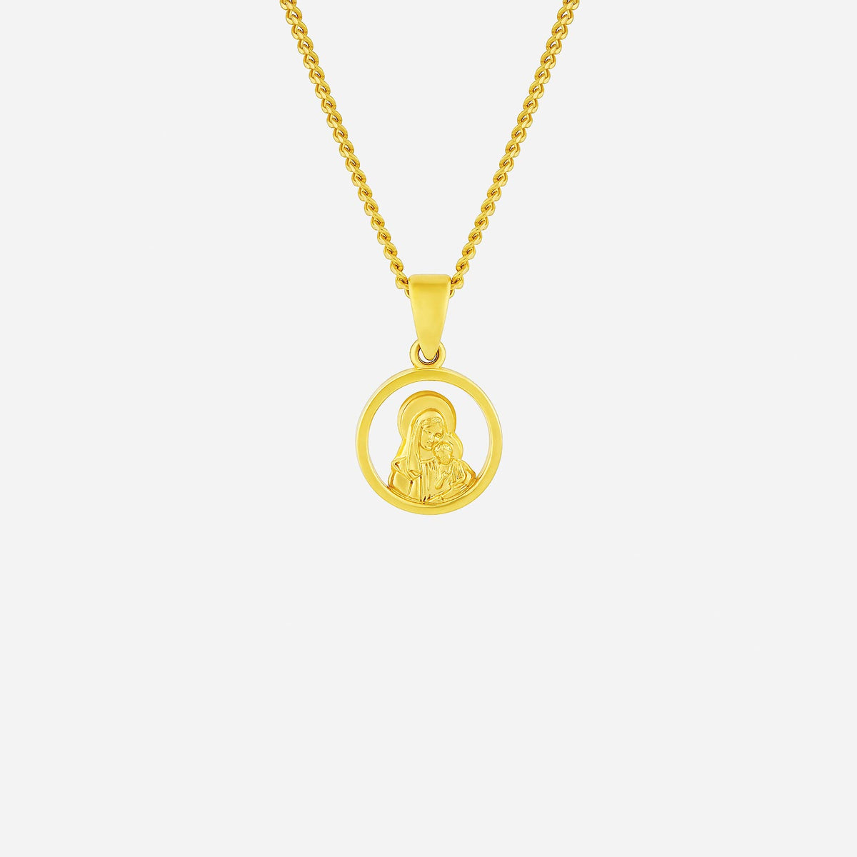 mother mary pendant in 22k yellow gold with polished circular border depicting the blessed mother cradling child jesus.