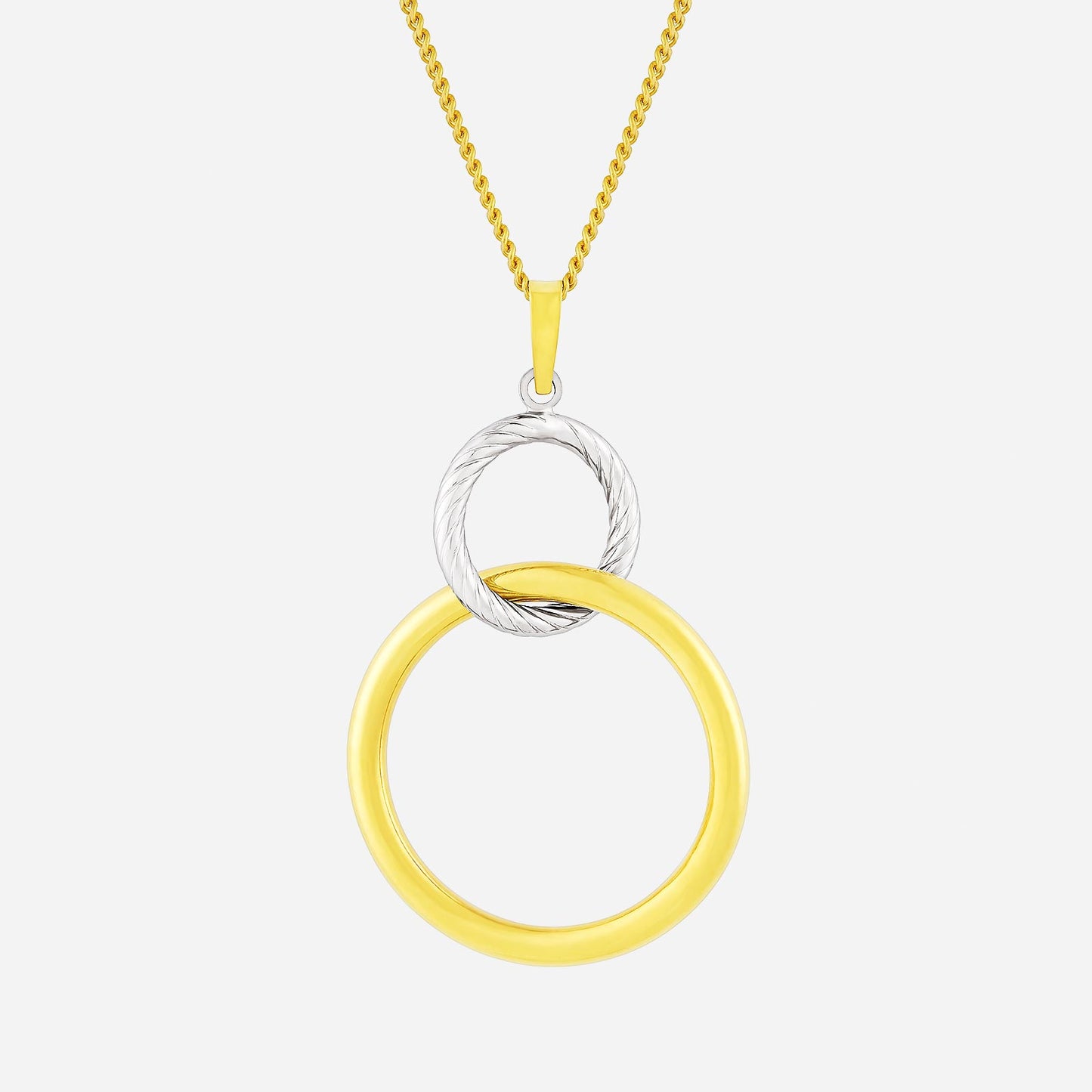 moonlit circle pendant in yellow and white gold, featuring interlocking rings and a textured design.