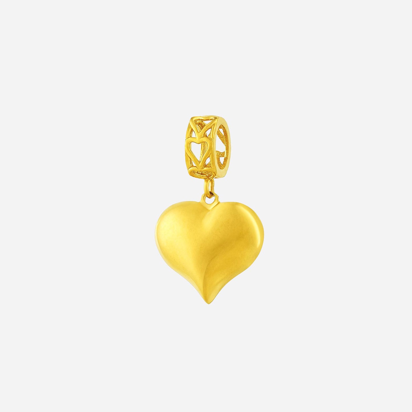 puffed heart charm pendant in 22k yellow gold with intricate bail design, perfect for versatile styling.