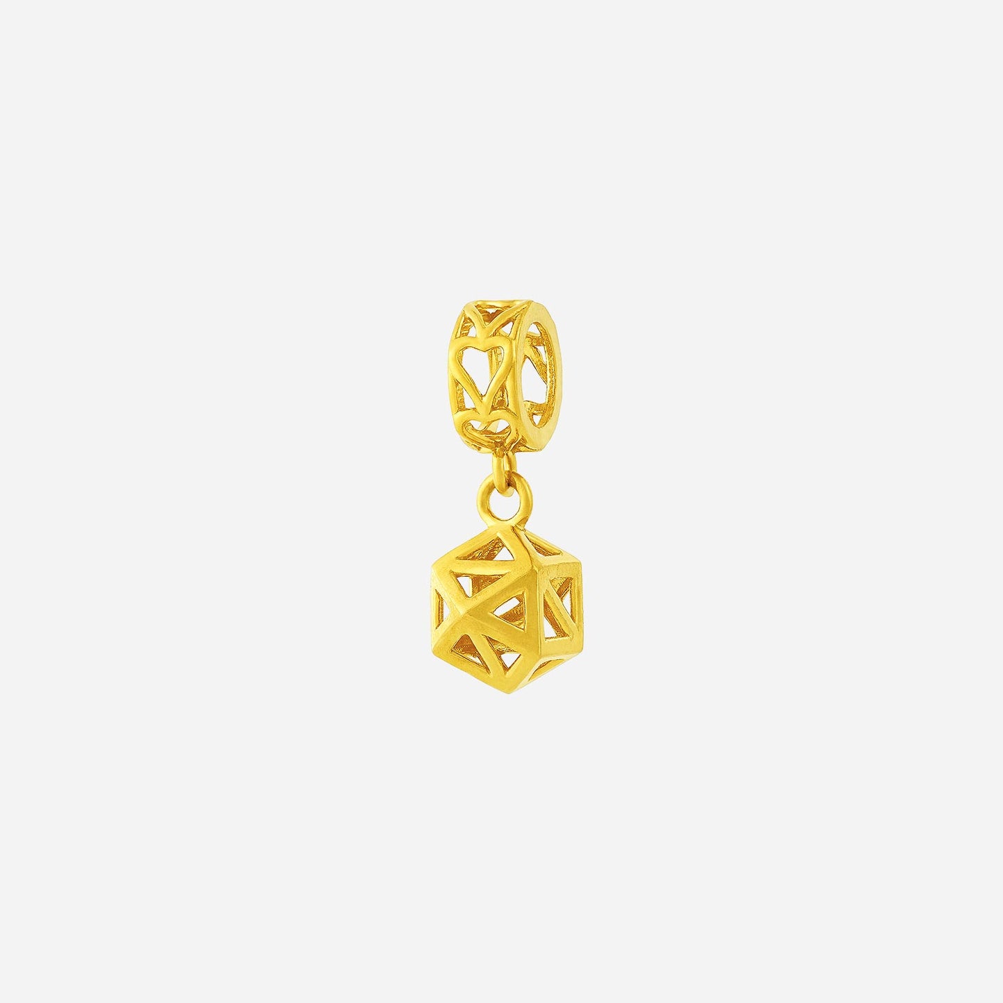 geometric cube charm pendant in 22k yellow gold with an intricate openwork design. perfect for versatile styling.