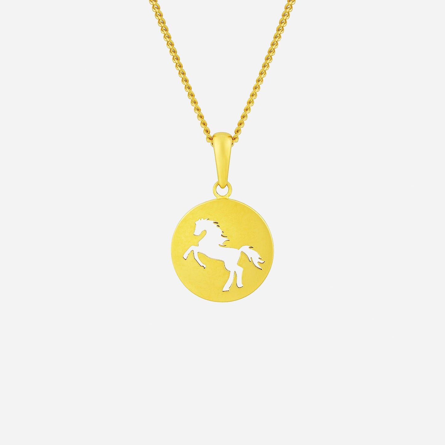 prancing horse pendant in polished 22k yellow gold, featuring a silhouette of a horse in motion. elegant design.