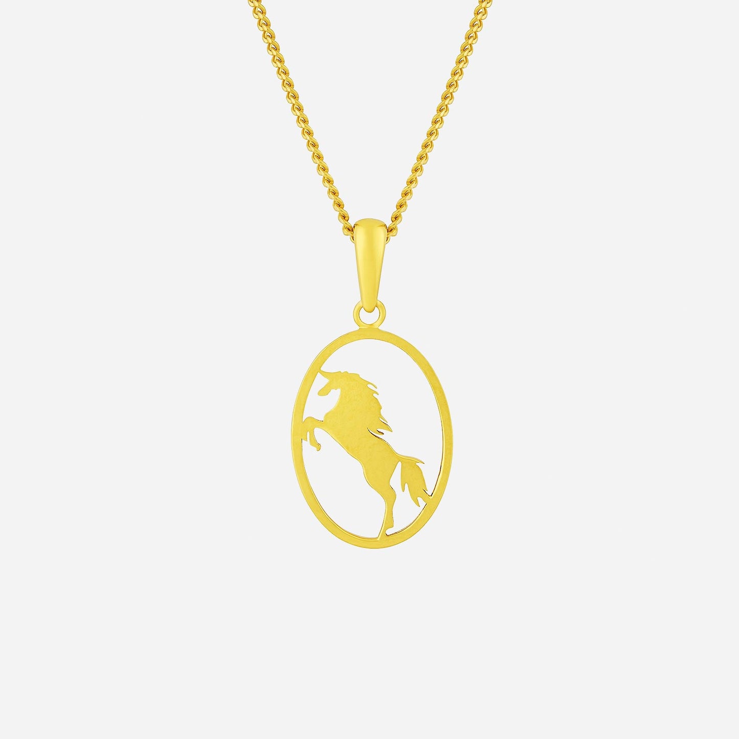 regal horse pendant in 22k yellow gold, featuring a rearing horse within an elegant oval frame.