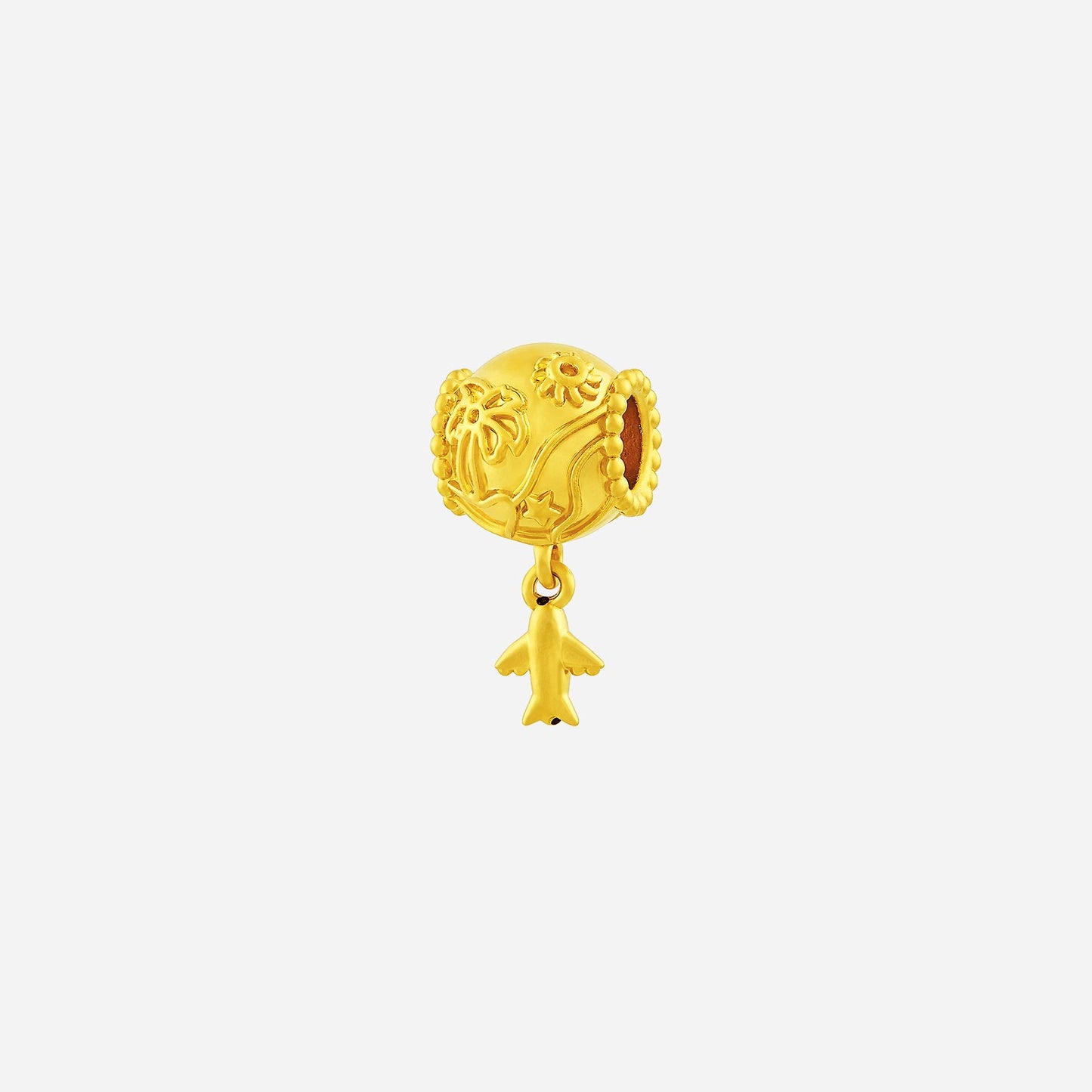yellow gold charm with floral motif and petite dangling detail for necklace or bangle. elegant and intricate design.