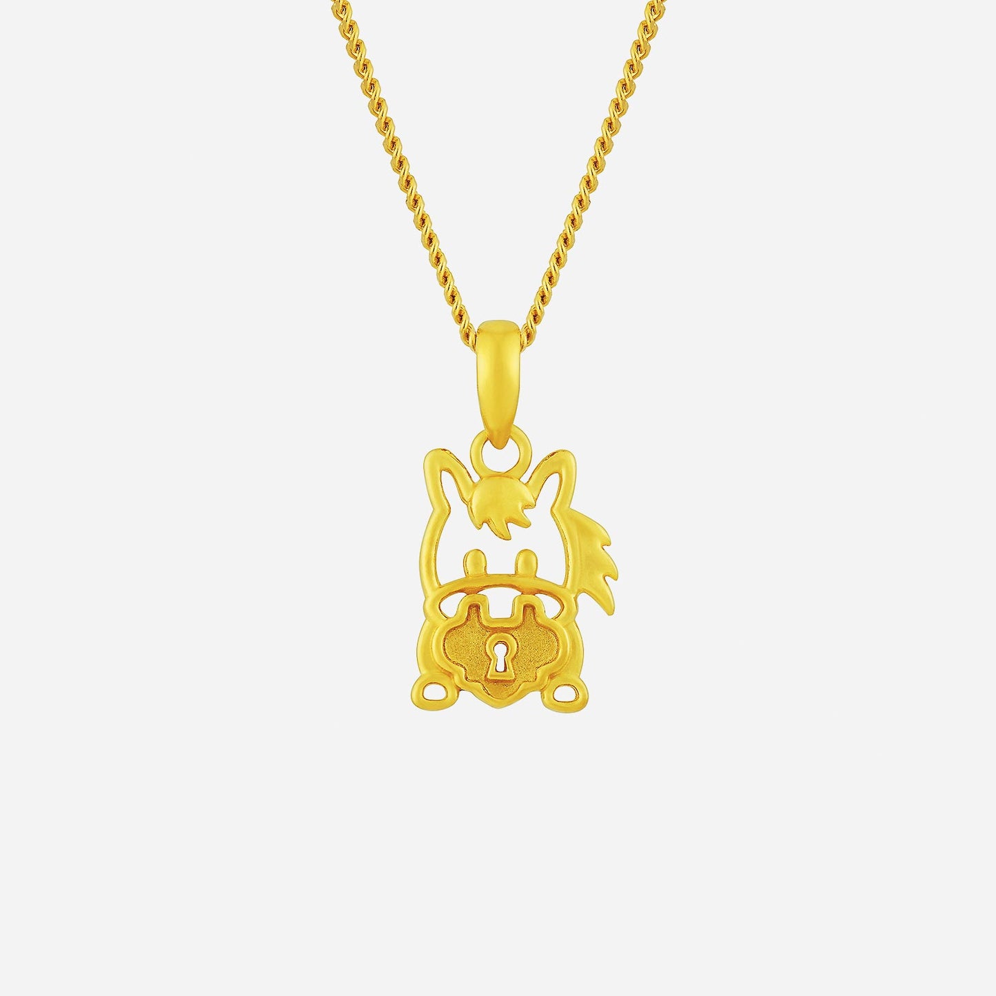 horse with prosperity lock pendant in 22k yellow gold featuring a keyhole design for good fortune and protection.