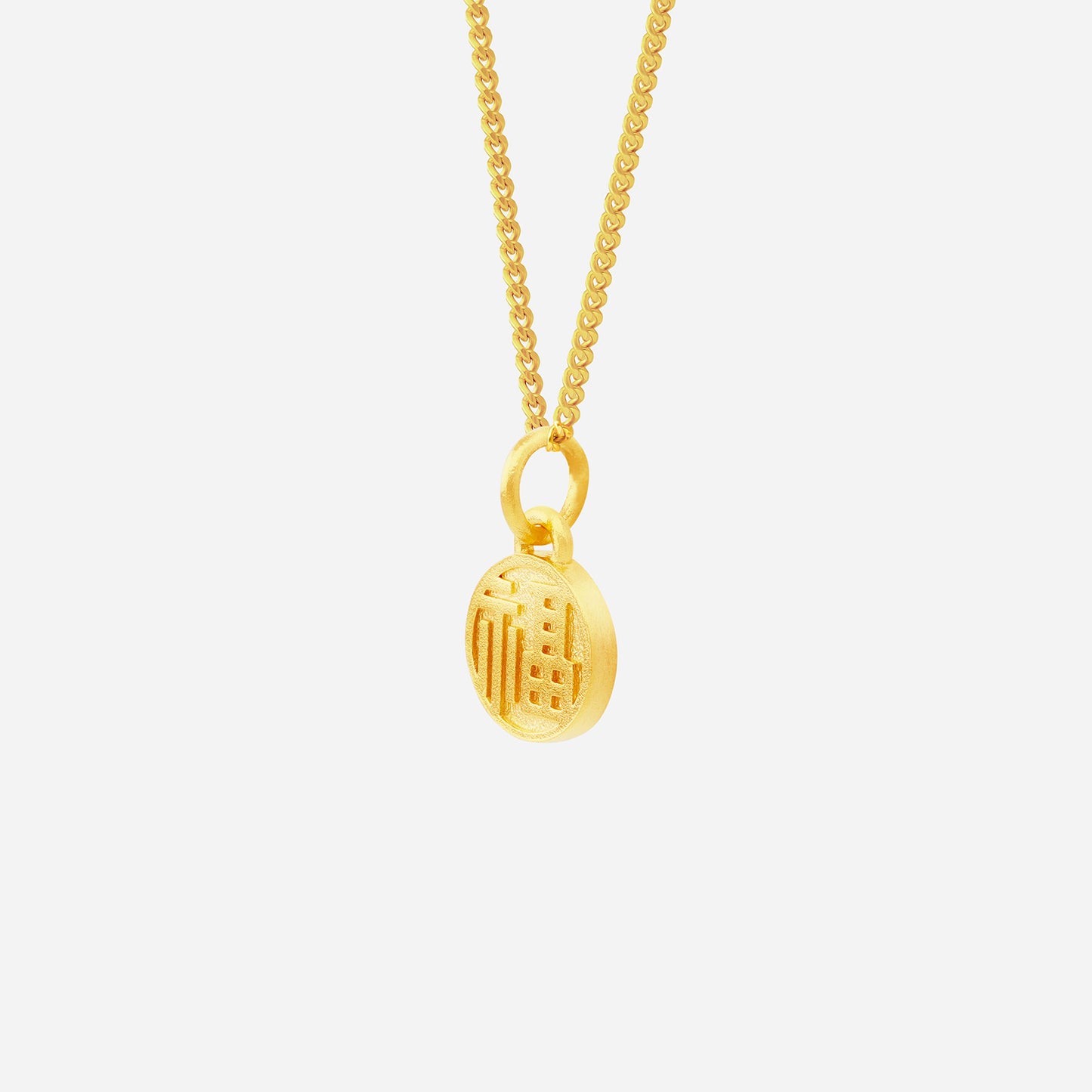 great prosperity pendant in 22k yellow gold featuring a "福" character symbol for happiness and good fortune.