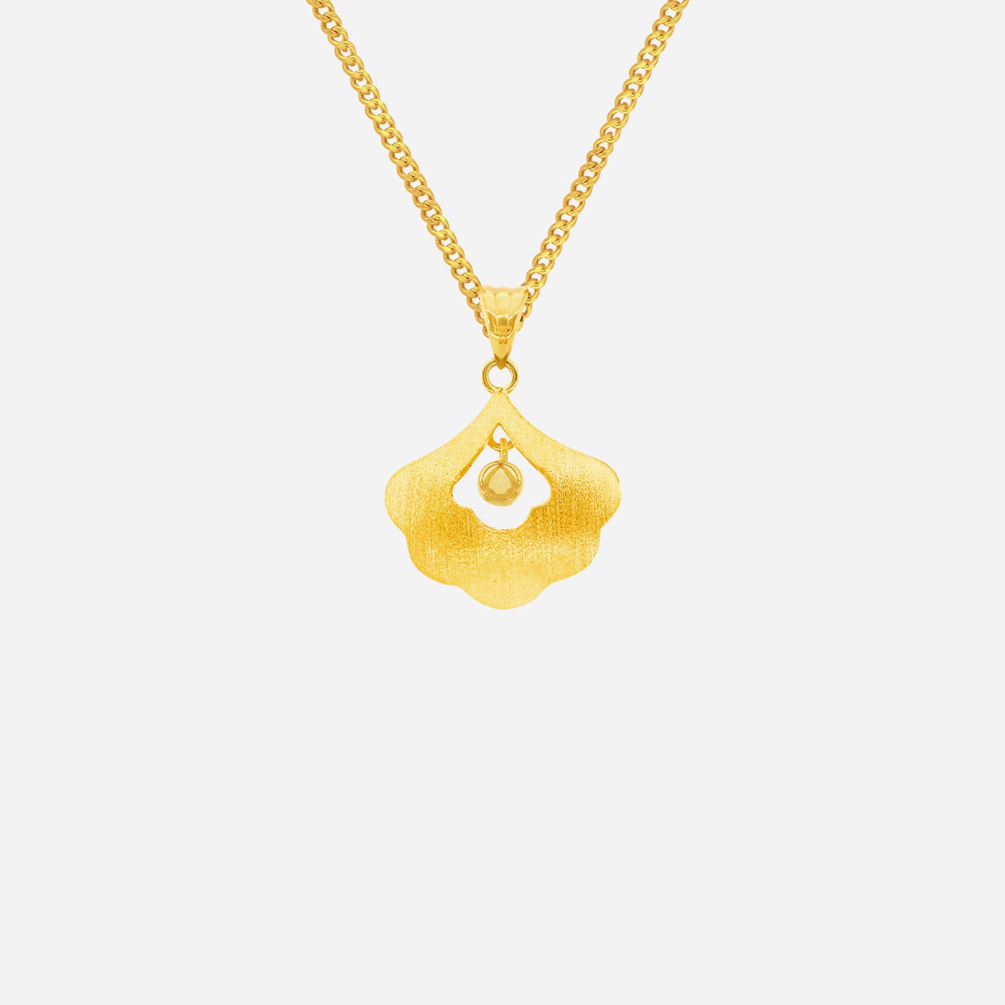 glory shell pendant in 22k yellow gold with openwork design and a delicate suspended gold bead. chain sold separately.