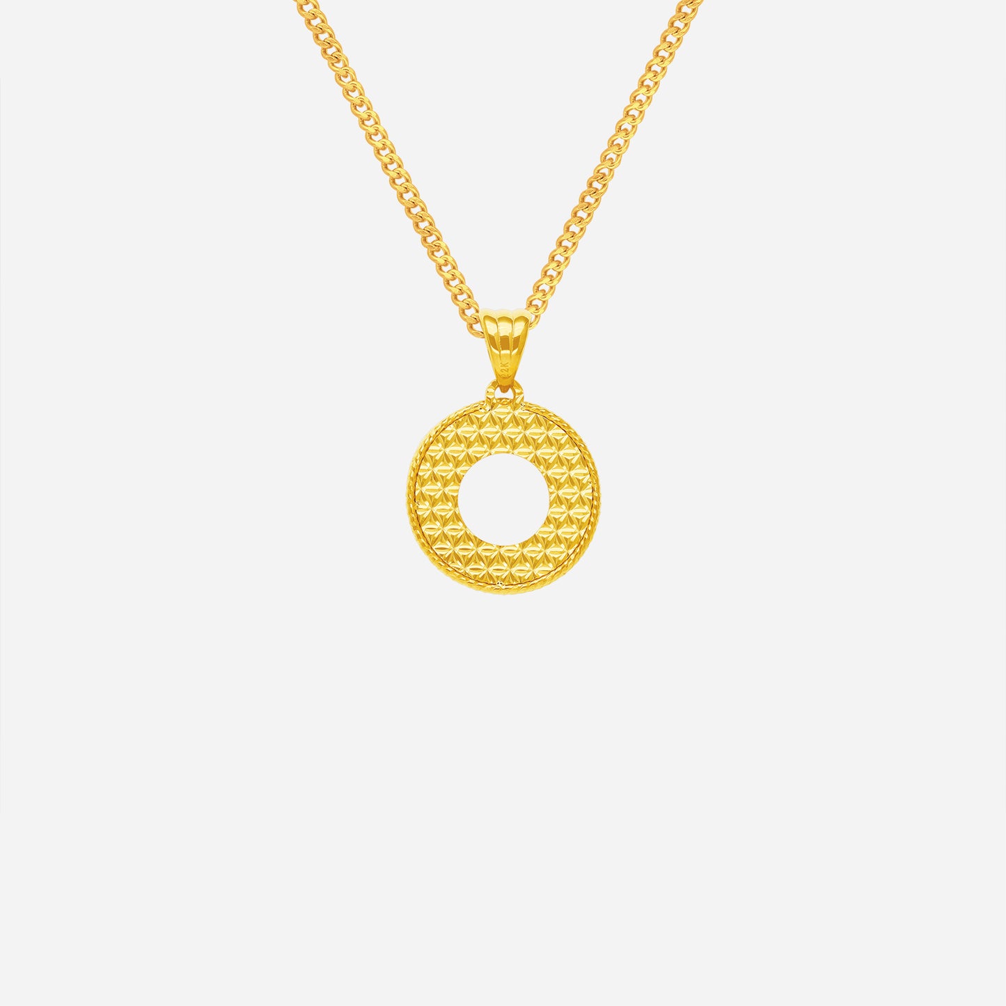 radiant rim pendant in 22k yellow gold featuring an open-circle design with precision grooves. elegant and modern.