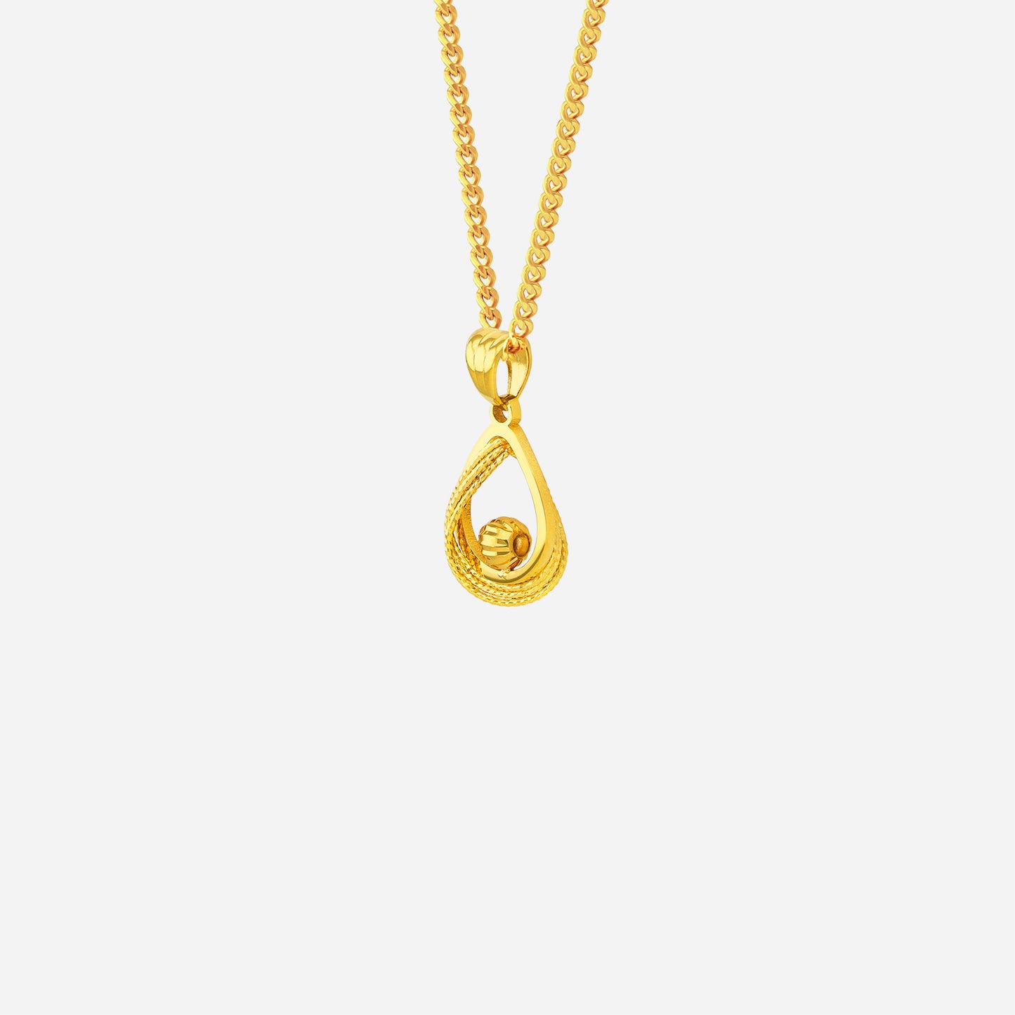 textured dew pendant in radiant 22k yellow gold with intricate teardrop design and sculptural detailing.