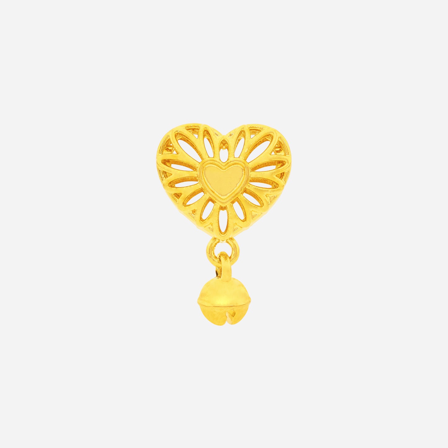 heart flower charm in 22k yellow gold featuring floral openwork and a dangling bell design.