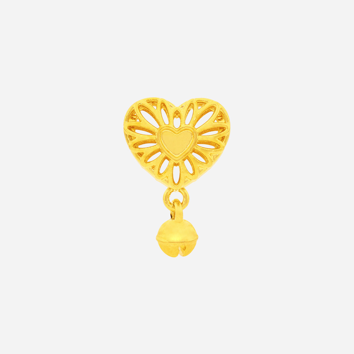 heart flower charm in 22k yellow gold with floral openwork design and a small bell detail.