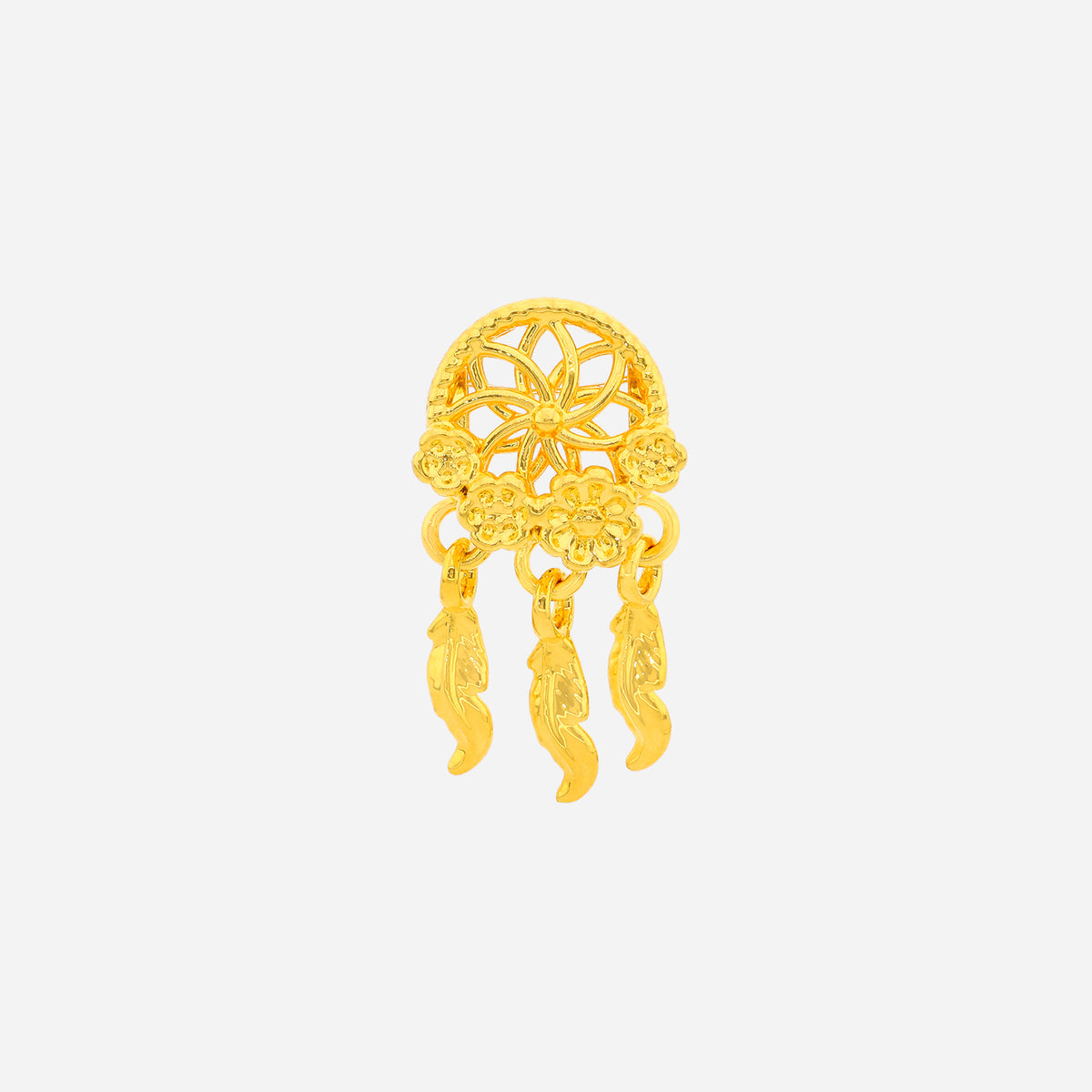 dreamcatcher charm in 22k yellow gold with intricate floral design and dangling feathers. ideal for necklaces or bangles.