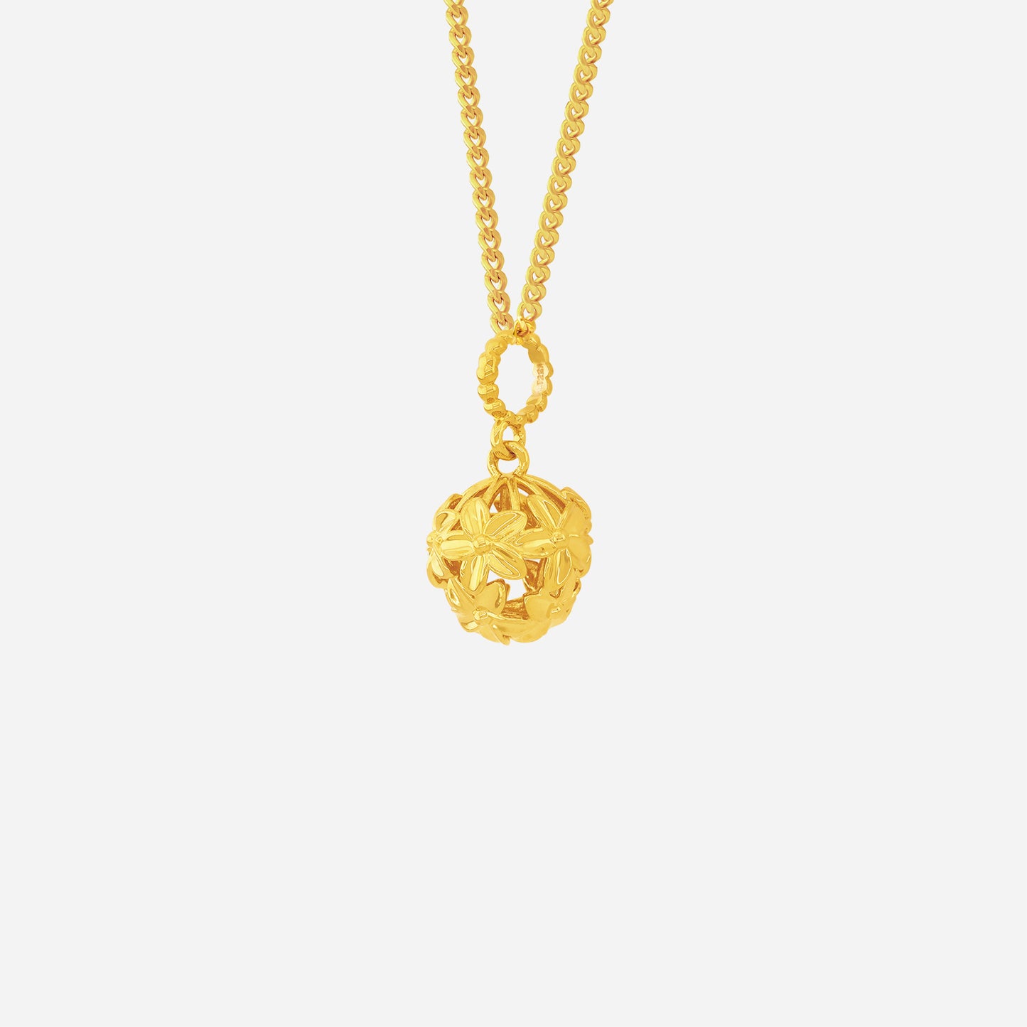 floral sphere pendant in 22k yellow gold featuring intricately textured petals and a spherical design.