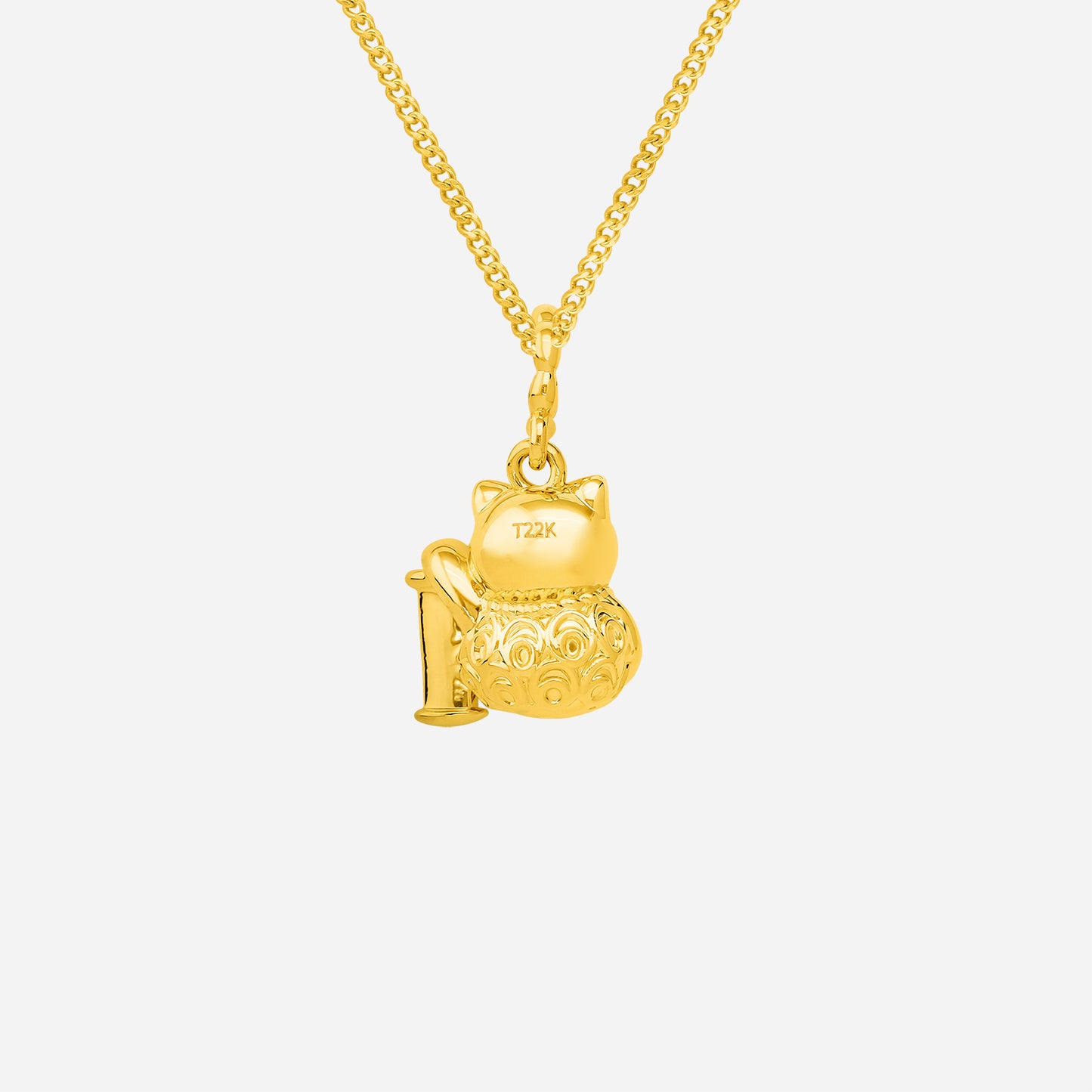 fortune cat pendant in 22k yellow gold with intricate texture and charming design for luck and prosperity.