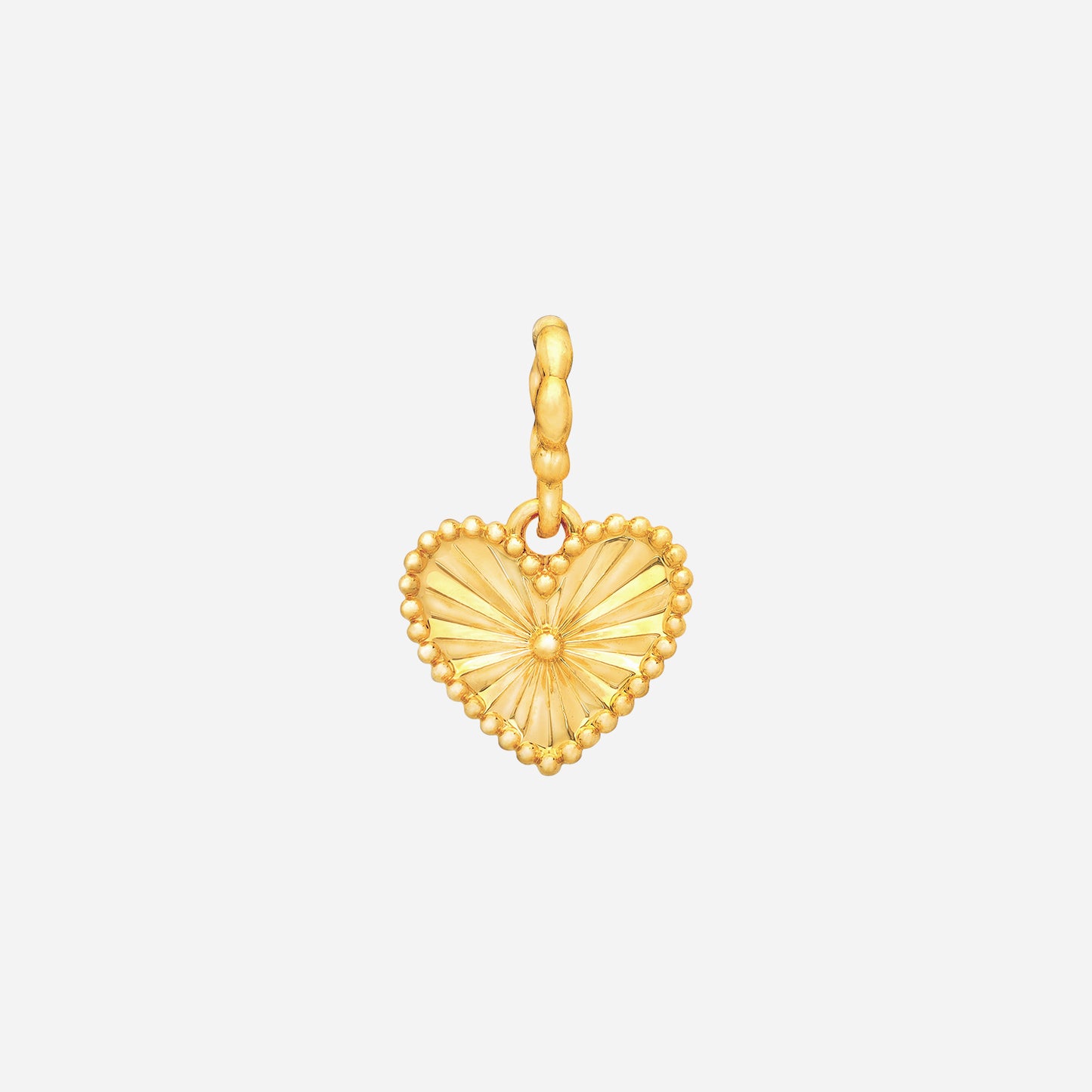 heart charm in 22k yellow gold with a radiant heart silhouette and textured detailing, perfect for necklaces or bangles.