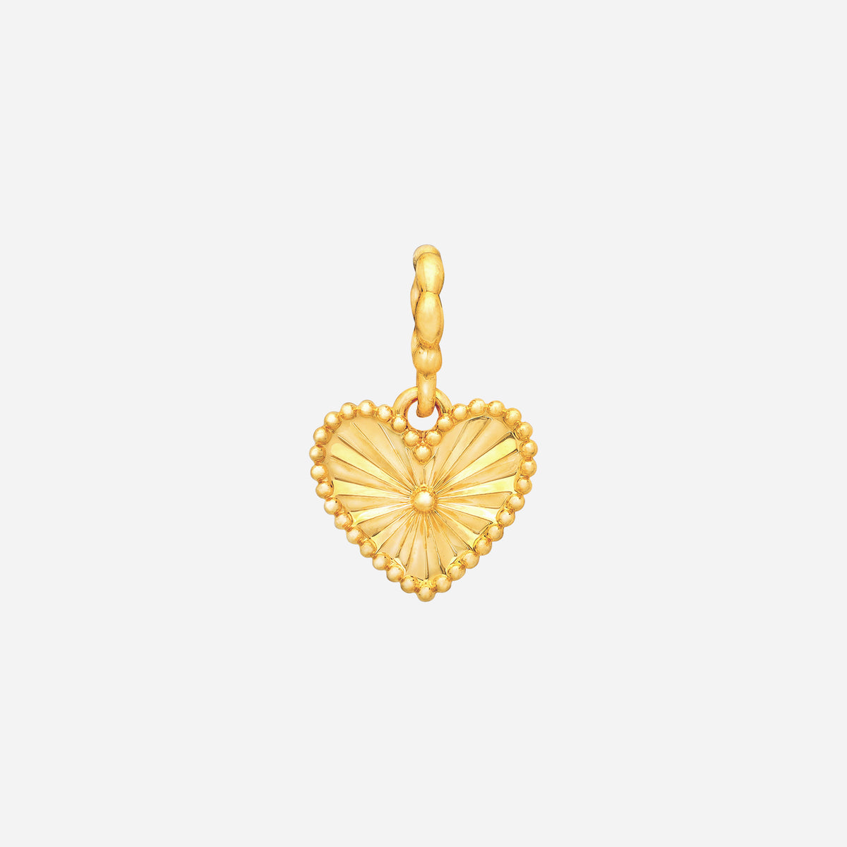 heart charm in 22k yellow gold featuring a textured heart design with intricate beaded detailing.