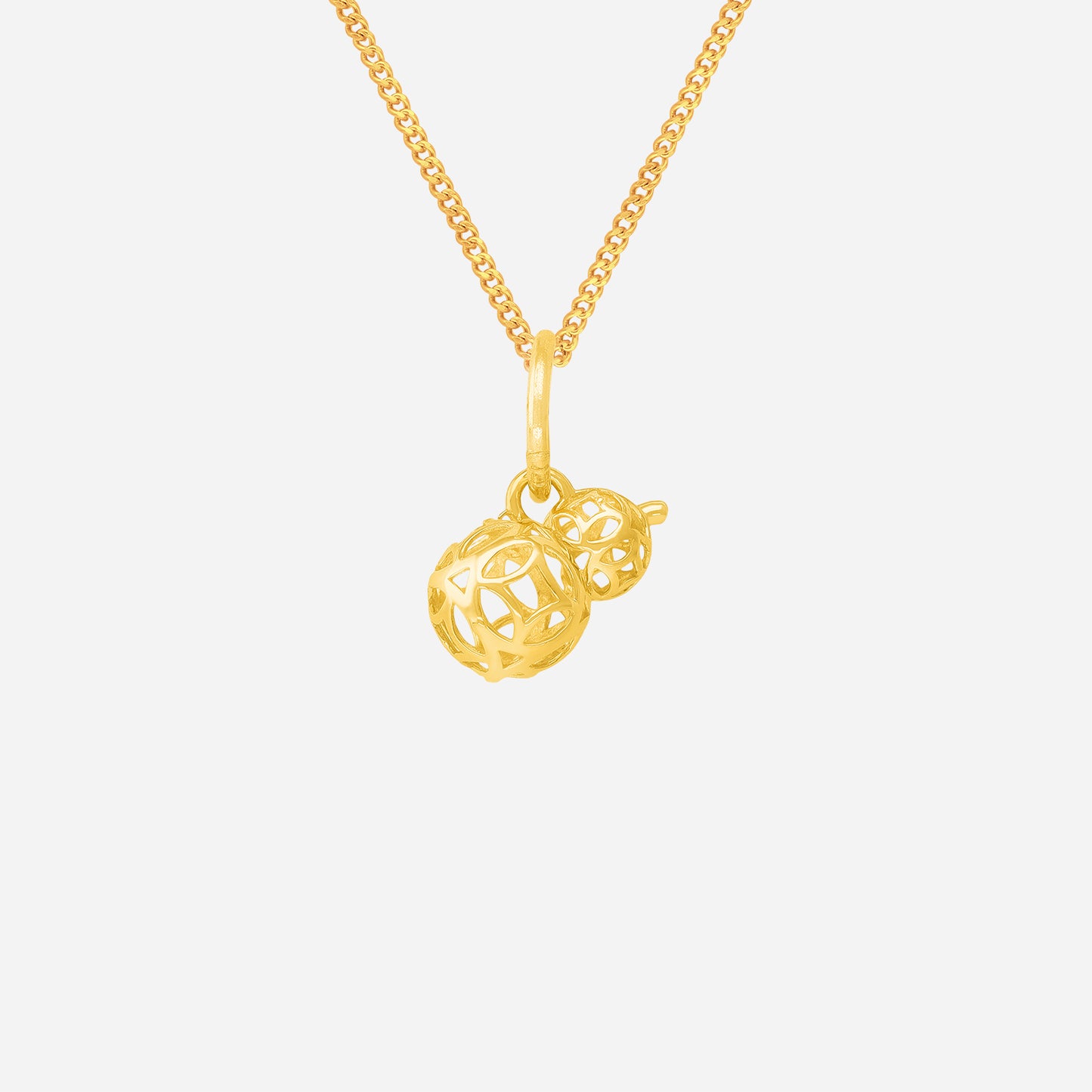 coin gourd pendant in 22k yellow gold, featuring intricate cut-out design and two charming gourd shapes.