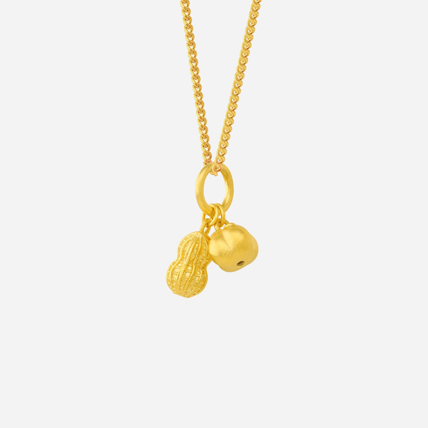 good fortune pendant in 22k yellow gold featuring sculpted peanut and persimmon charms symbolizing abundance.